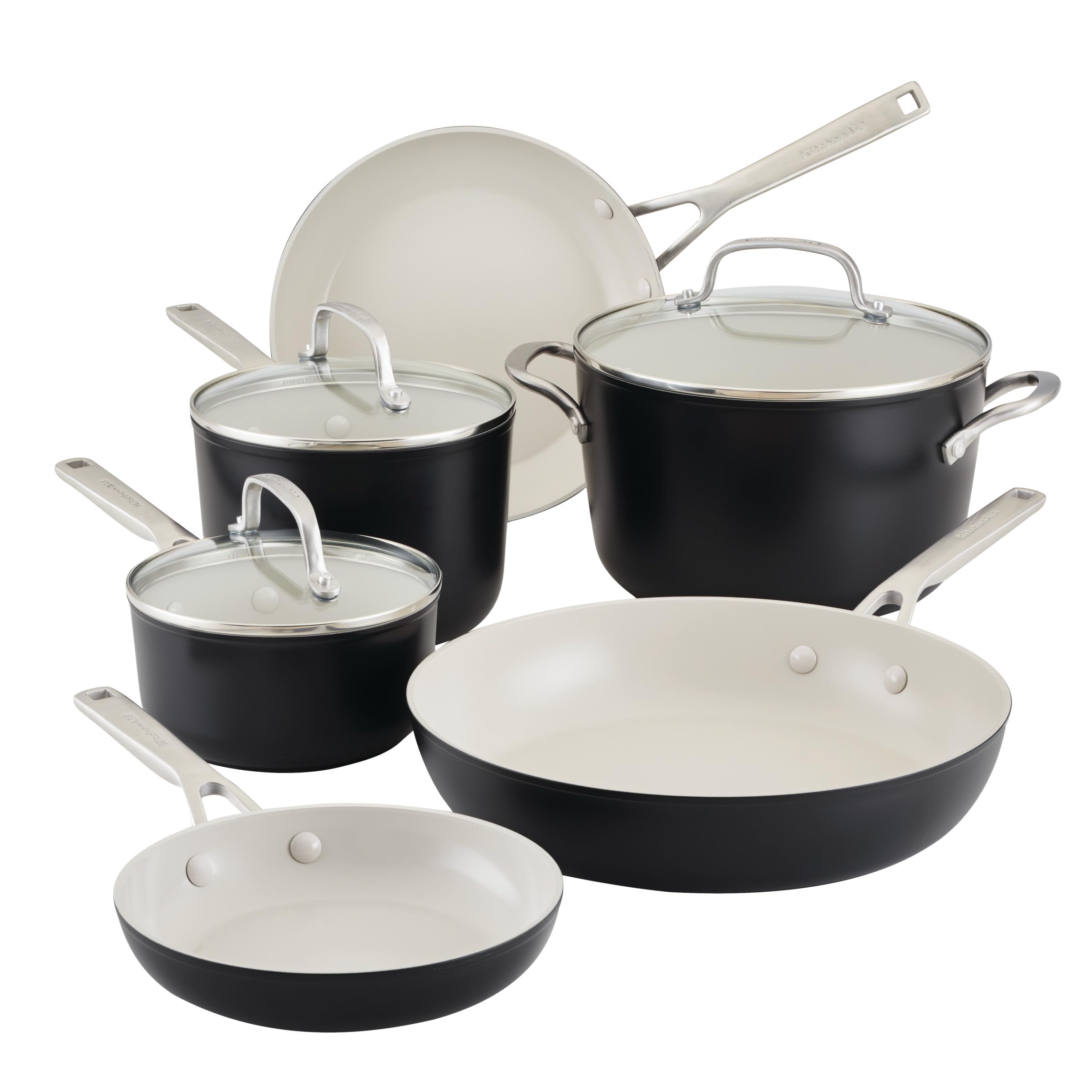 KitchenAidHard Anodized Ceramic Nonstick Cookware Pots and Pans Set, 9 Piece - Matte Black