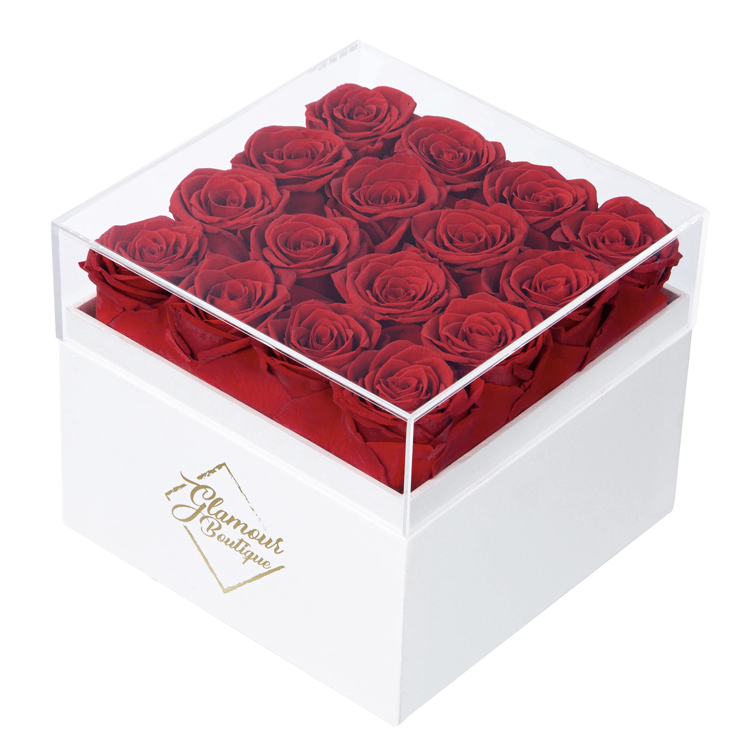 Preserved Roses in a Box - Valentines Day Gifts for Her, wife & Mom, 16-Piece Rose Forever Flowers Decor for Birthday Gift, Get Well Flower Bouquet Cased in White Box with Cover - Red