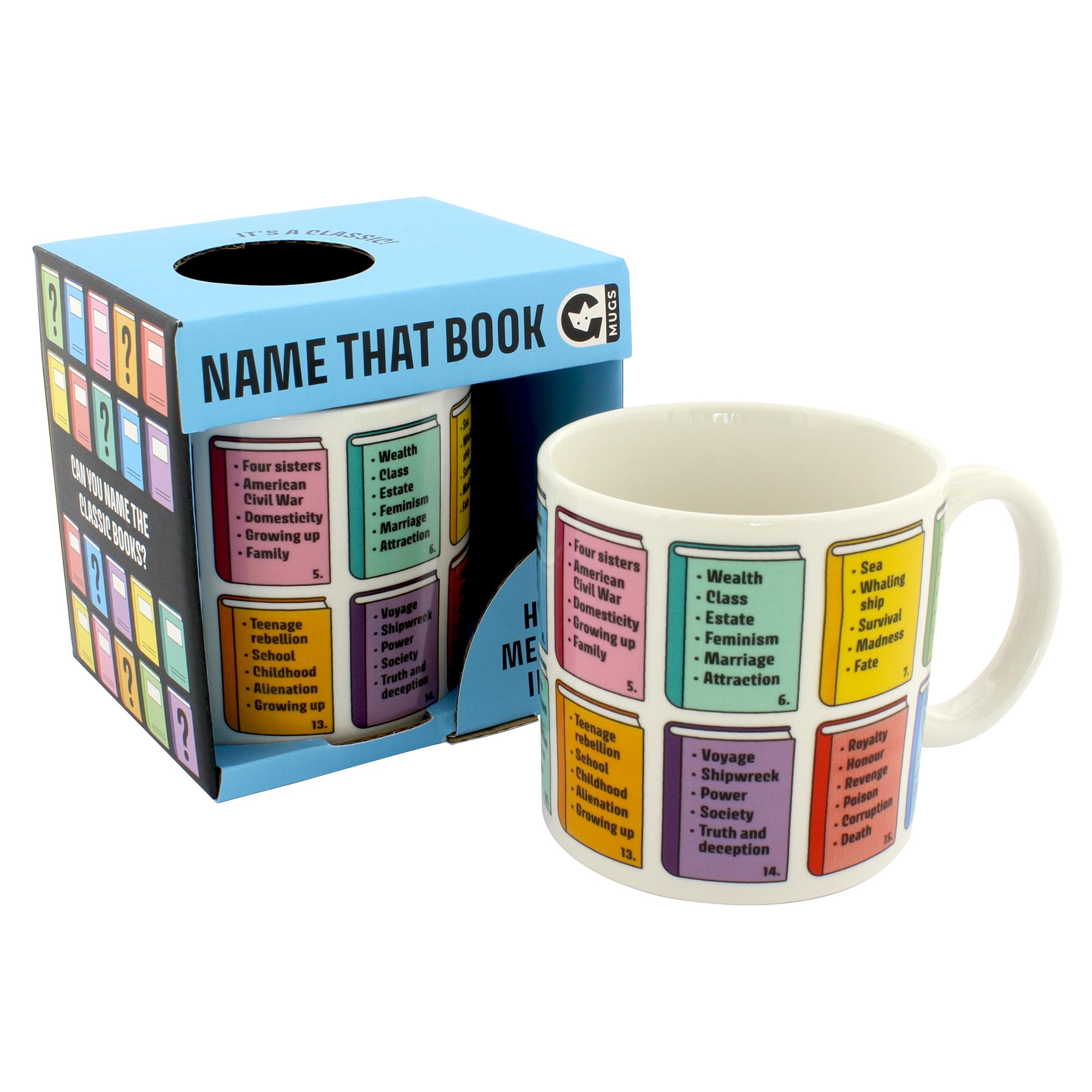 Ginger Fox Name That Book Coffee Mug | Great Novelty Gift For Literature Lovers | Can You Solve The Mystery Classic Reads From The Clues Adorning The Ceramic Cup | Pour A Drink And Take A Tea Break