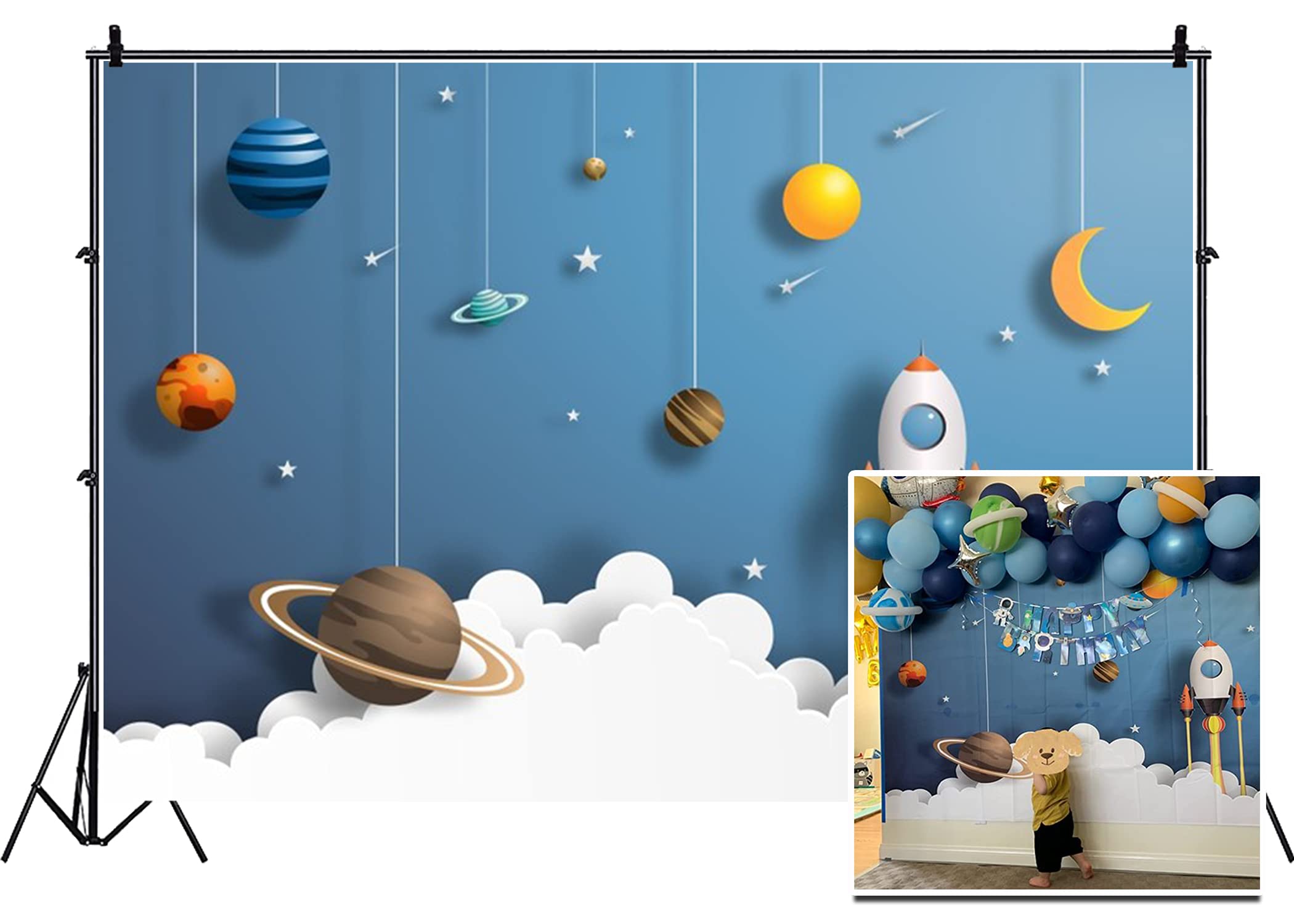 5x4ft Cartoon Spaceship Photography Backdrop Kids Boys Space Theme Birthday Party Background Universe Planet Mysterious Galaxy School Activity Pupils Shoots Video Props