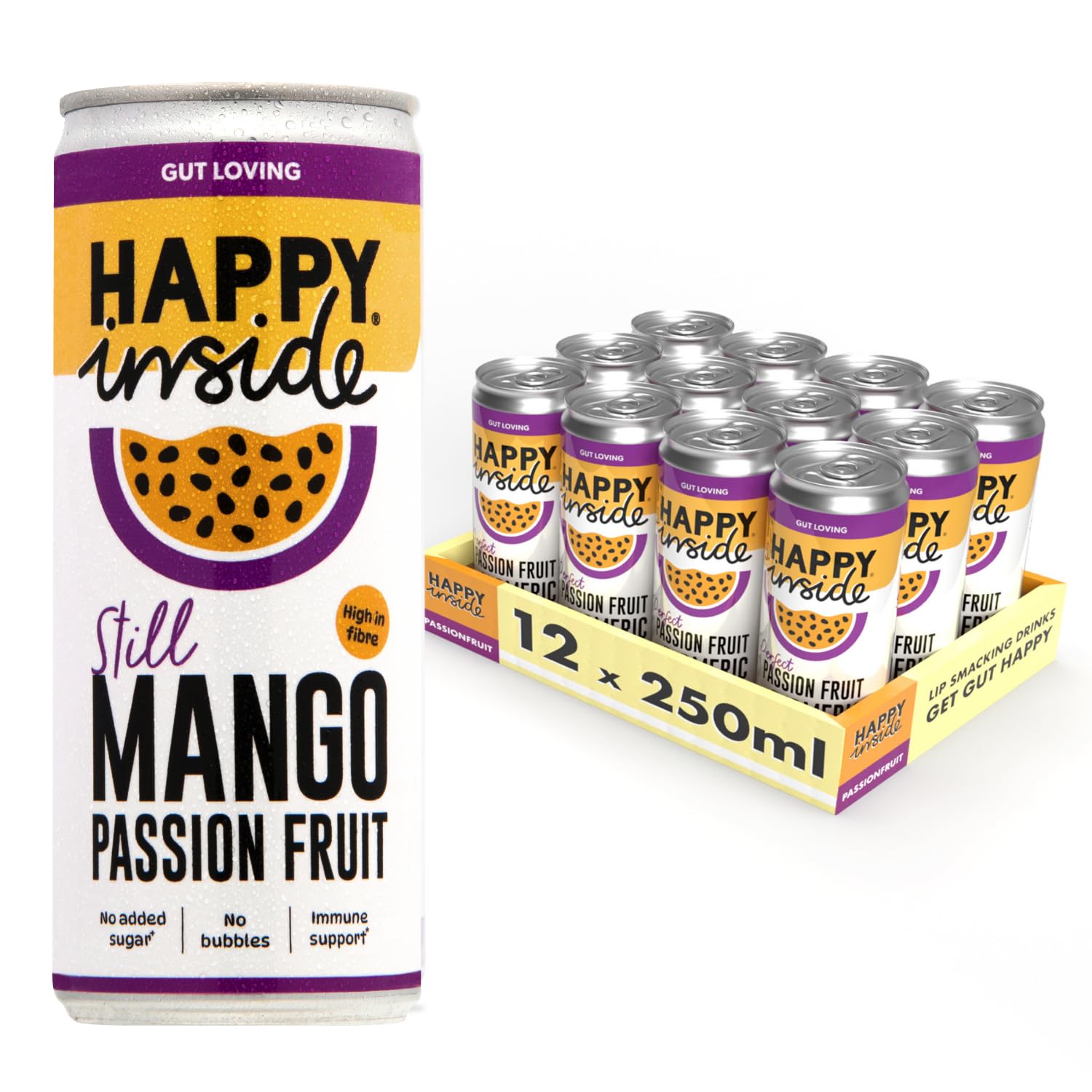 Happy InsideMango & Passion Fruit, Refreshing Still Drink, No Added Sugar, Supports Gut Health, High Fibre, Vitamin C, 12 x 250ml