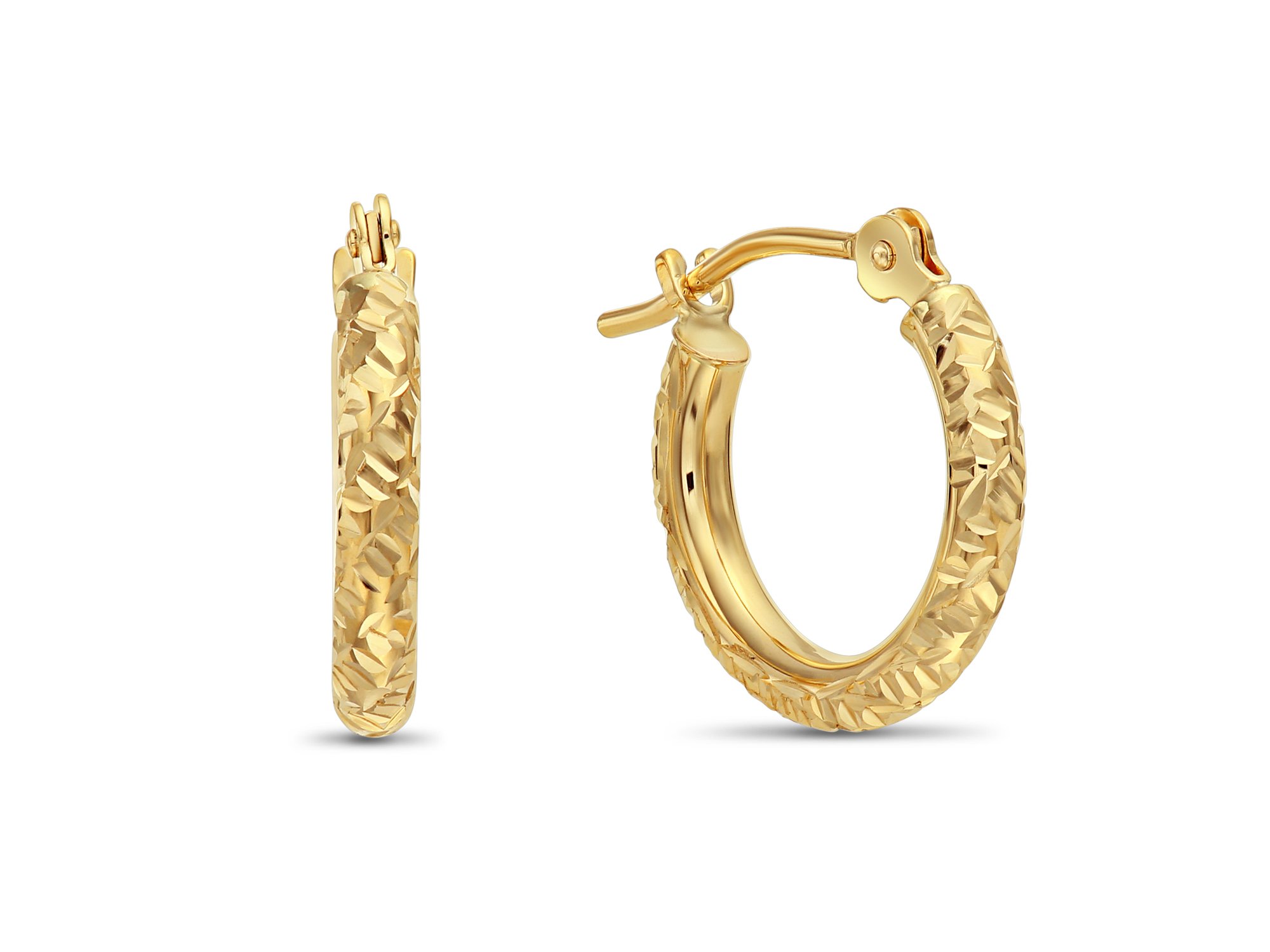 14k Gold Hand Engraved Diamond-cut Round Hoop Earrings, (0.5 inch Diameter)