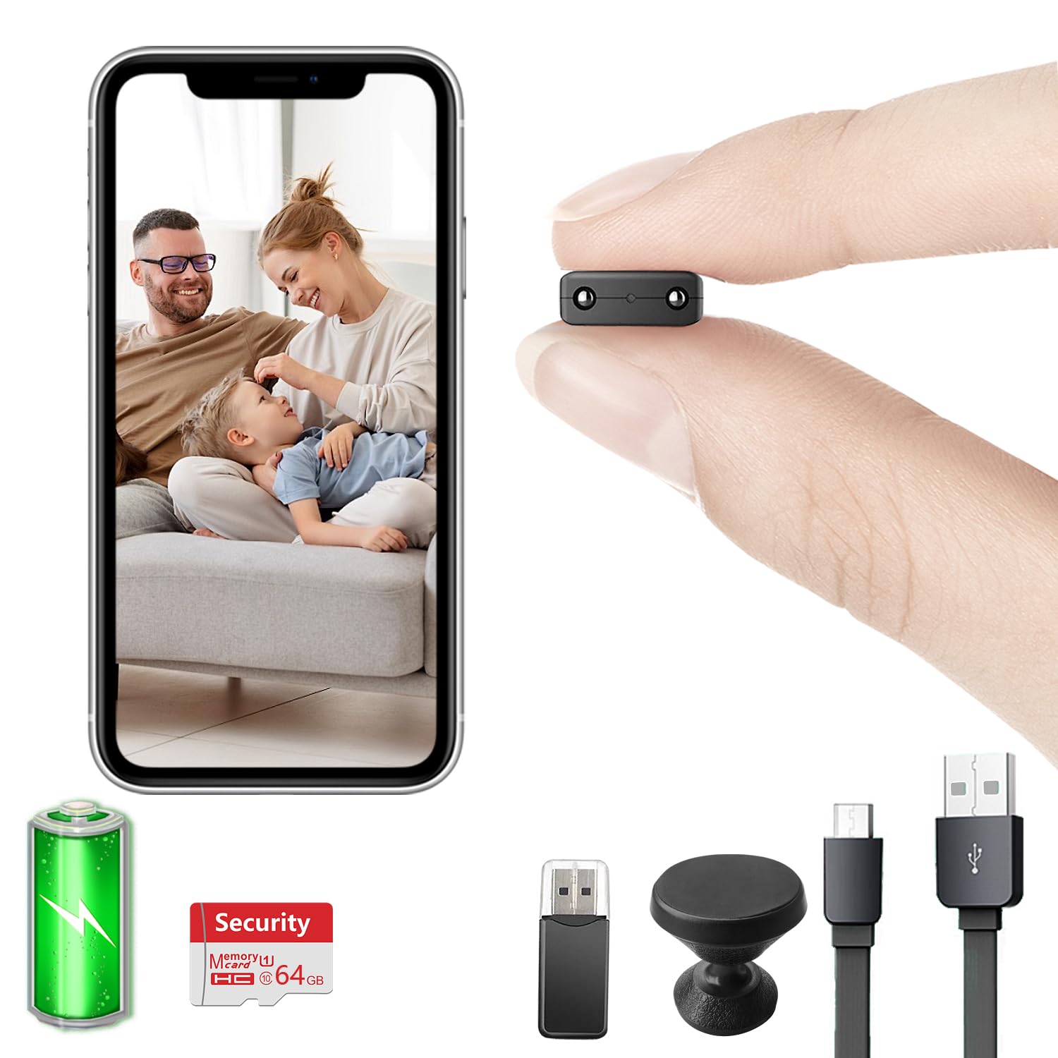 【Free 64G】 Smallest Wireless WiFi Camera with Battery,HD1080P Portable Mini Camera for Video Recording Live Feed with Night Vision,Motion Detection, Remote Viewing for Security with iOS Android APP