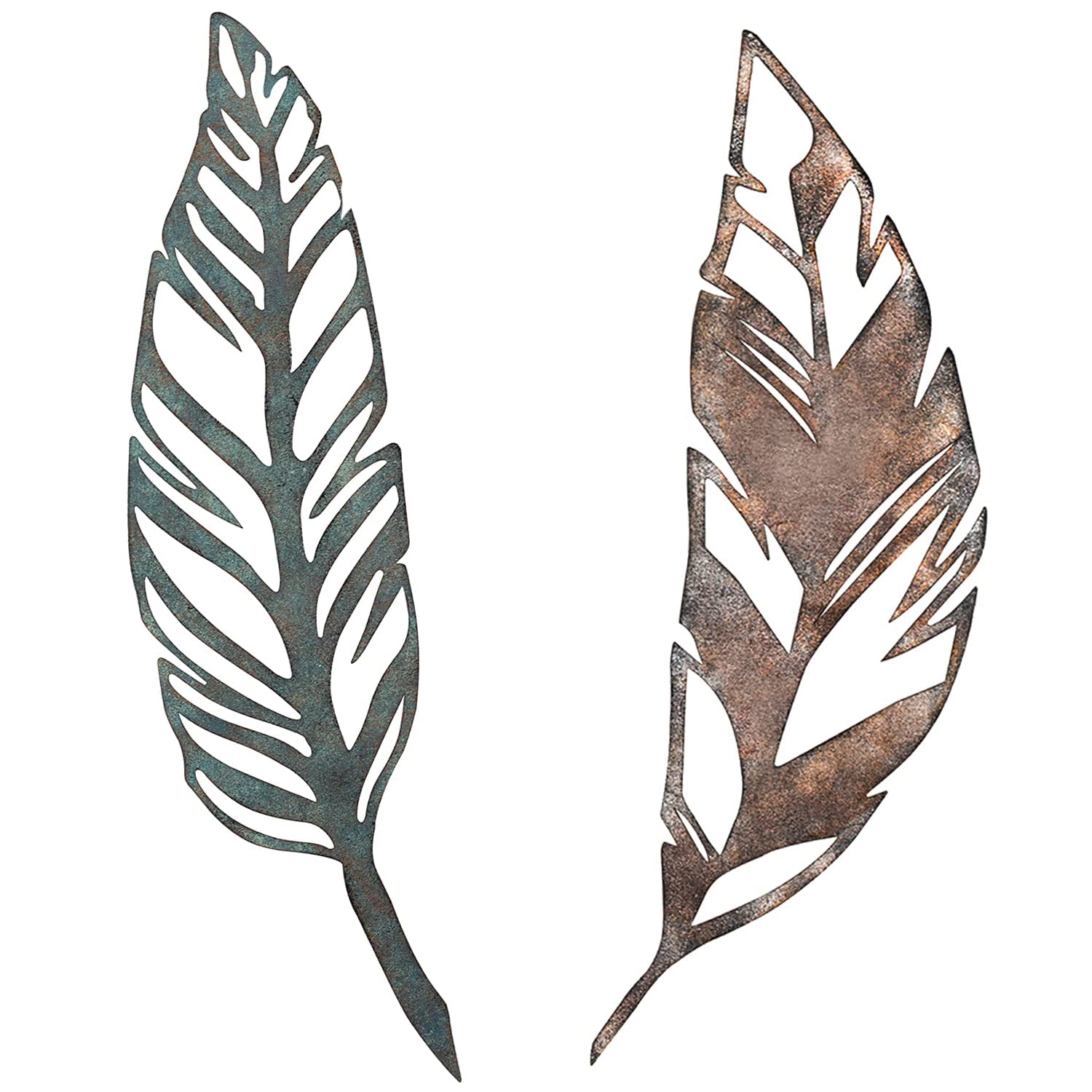 Lechesis Metal Feather Wall Art Decor, Big Rustic Laser Cut Feathers Wall Sculptures for Living Room, Indoor, Outdoor, Set of 2