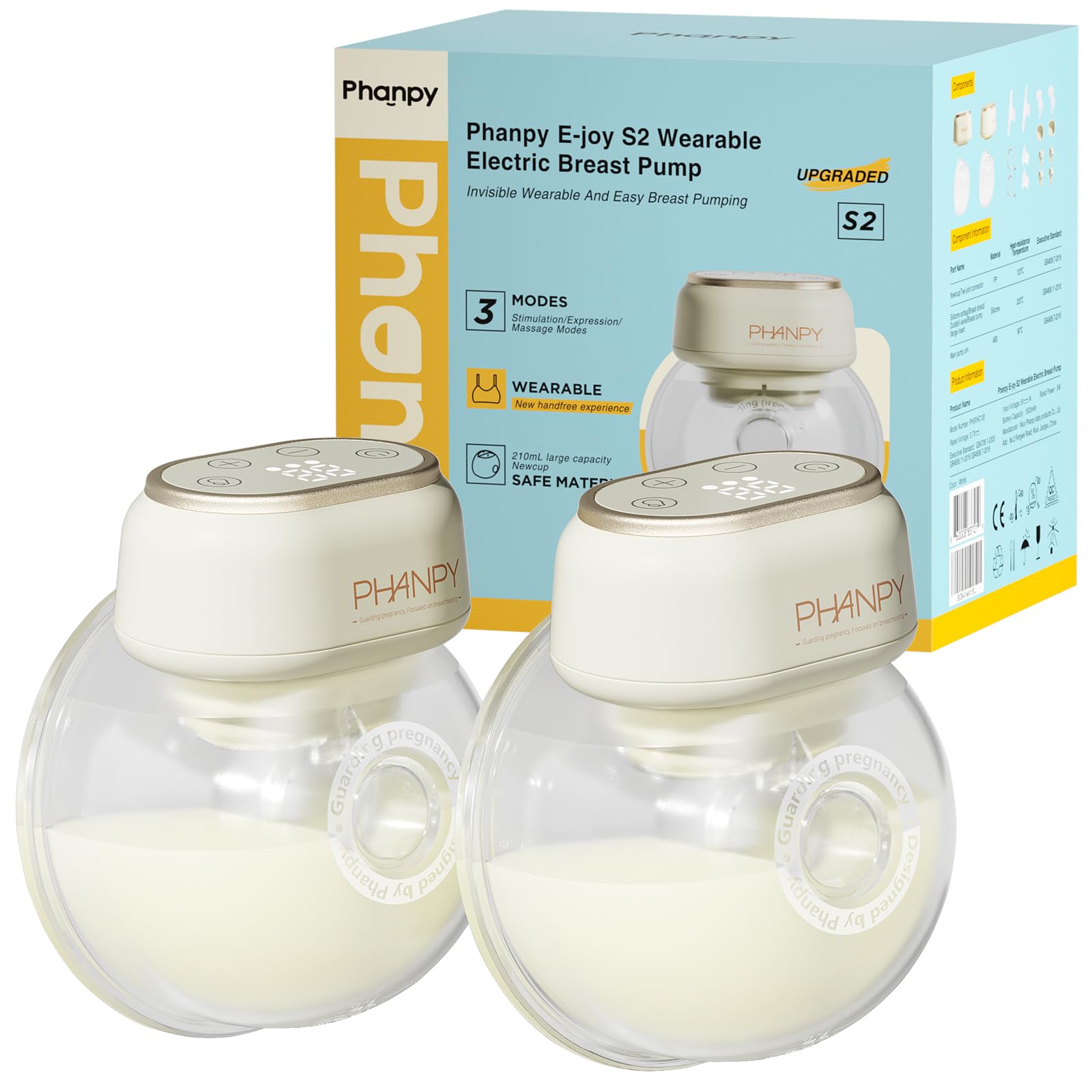 Phanpy E-Joy S2 Wearable Hands Free Portable Breast Pump, 3 Modes 8 Levels High Performance LED Touch Screen Low Noise, 7oz Capacity 20&24 mm(2 Counts)