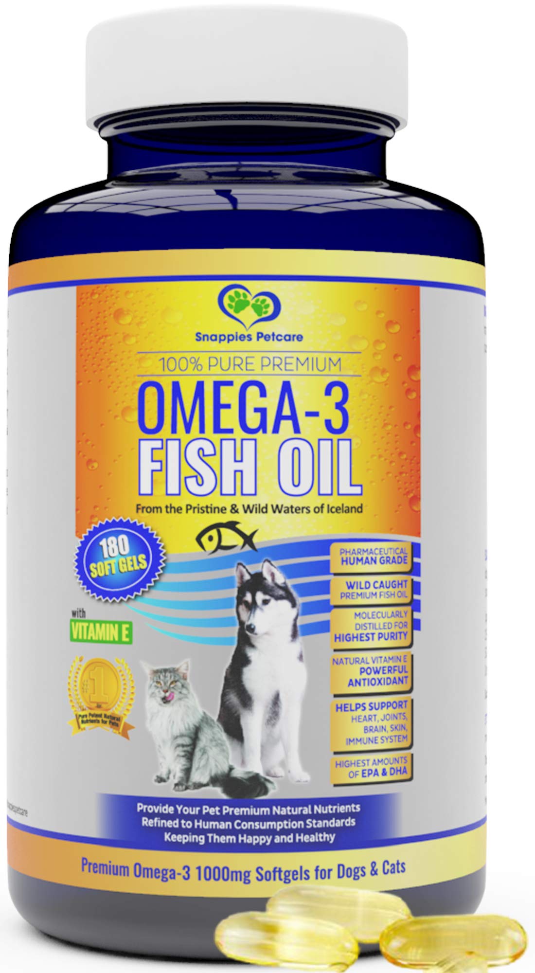 Omega 3 Fish Oil for Dogs and Cats - Wild Icelandic Pure, Odour Free Fish Oil Supplement with Vitamin E, 180 Softgels, 1000mg per Capsule, Contains More EPA & DHA Than Salmon Oil for Optimal Health