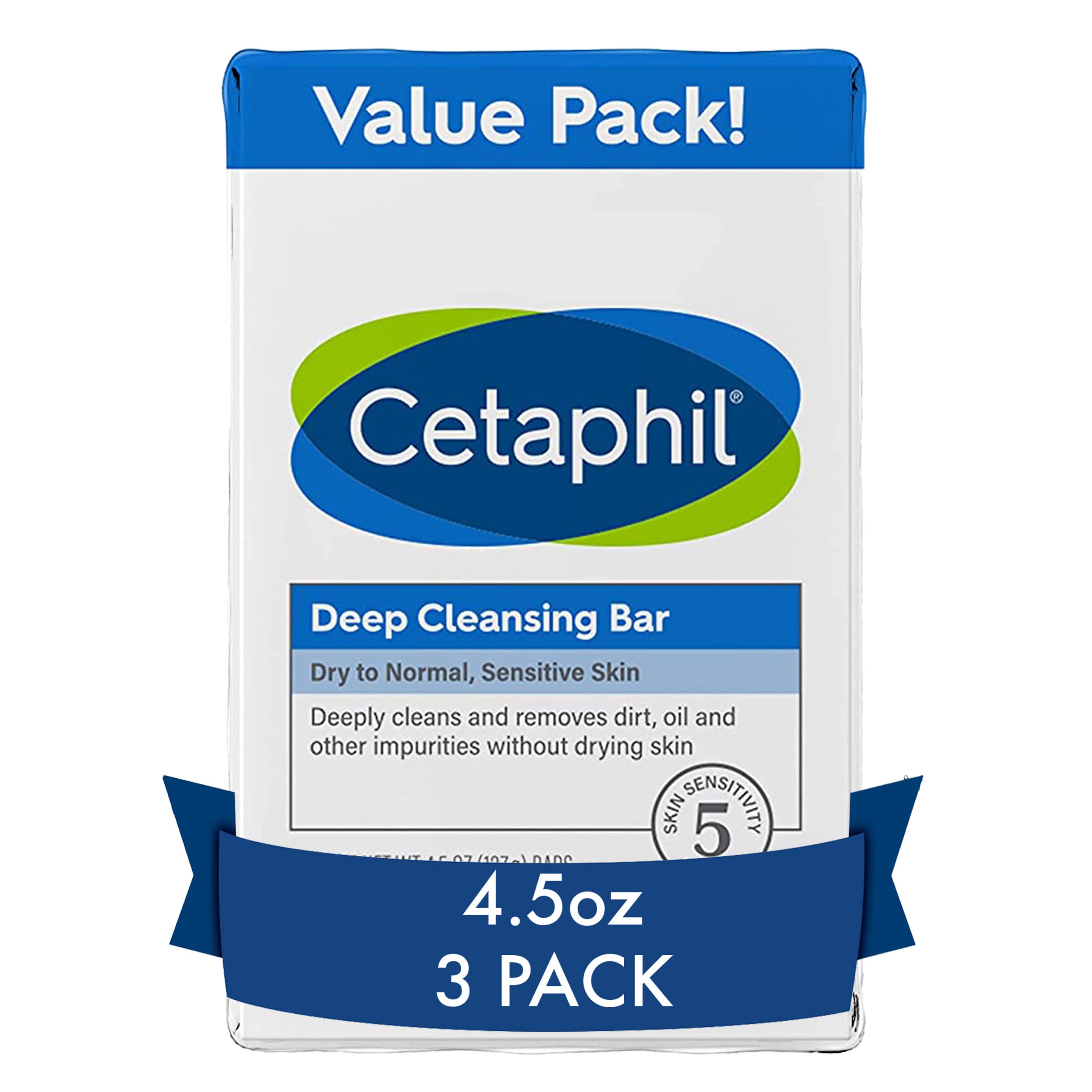 CetaphilBar Soap, Deep Cleansing Face and Body Bar, Pack of 3, For Dry to Normal, Sensitive Skin, Soap Free, Hypoallergenic, Paraben Free, Fragrance Free, Removes Makeup, Dirt and Oil