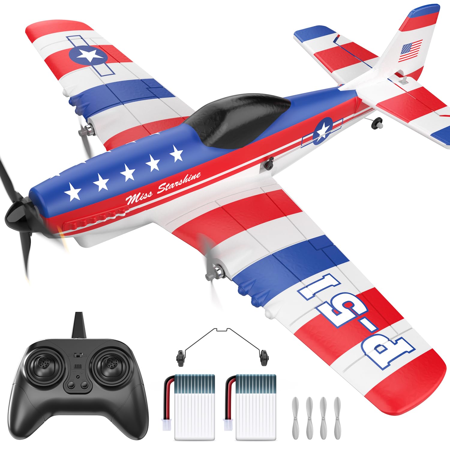 DEERC RC Plane 3 Channel P51D Mustang Remote Control Airplane Fighter Toys,2.4GHz 6-axis Gyro Stabilizer RTF Glider Aircraft Plane with 2 Batteries,Easy to Fly for Adults Kids Beginners Boys