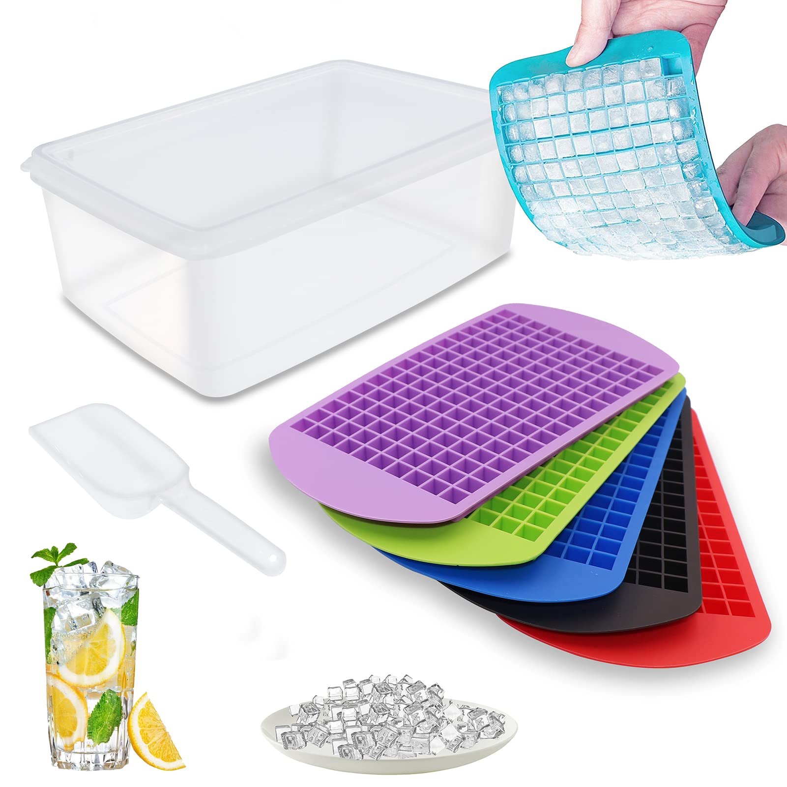 Mini Ice Cube Trays for Freezer with Bin, 6 Pack Silicone Molds with Storage Container and Ice Scoop, 160 Stackable Crushed Trays Easy Release Small Ice Cube for Chilling Whiskey Cocktail