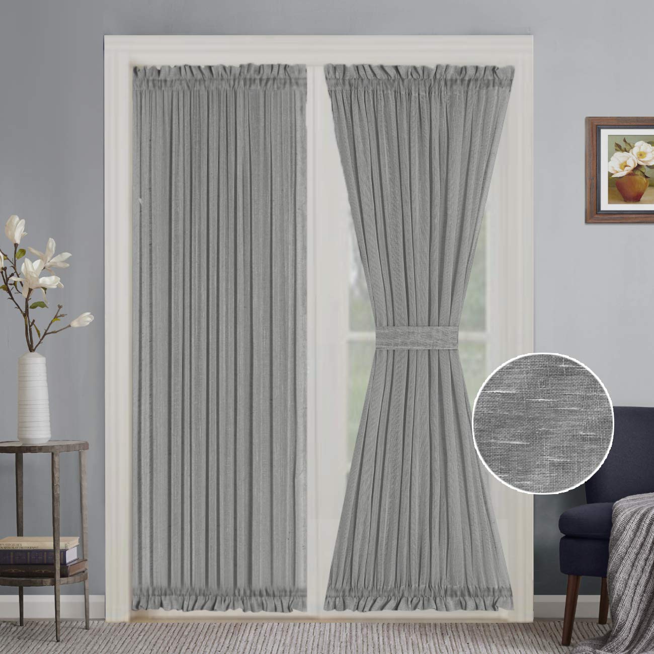 Turquoize Elegant Soft Linen French Door Curtains Light Filtering Curtain Panel, Rod Pocket Door Panels - 52W by 72L Inches - Grey - 2 Panels