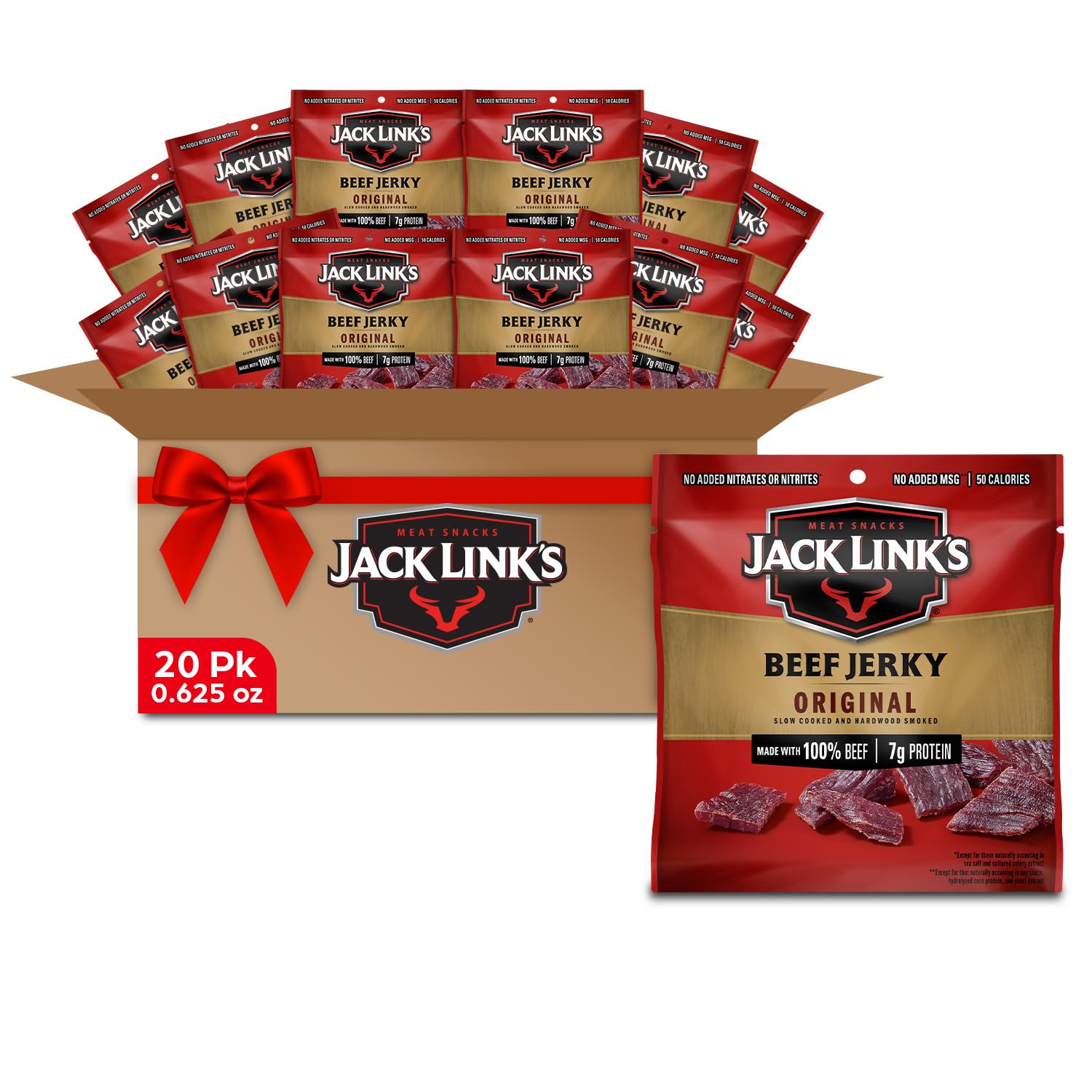 Jack Link'sBeef Jerky, Original, Multipack Bags – Flavorful Meat Snacks for Lunches, Ready to Eat, Individual Packs - 7g of Protein, Made with 100% Beef – 0.625 oz (Pack of 20)