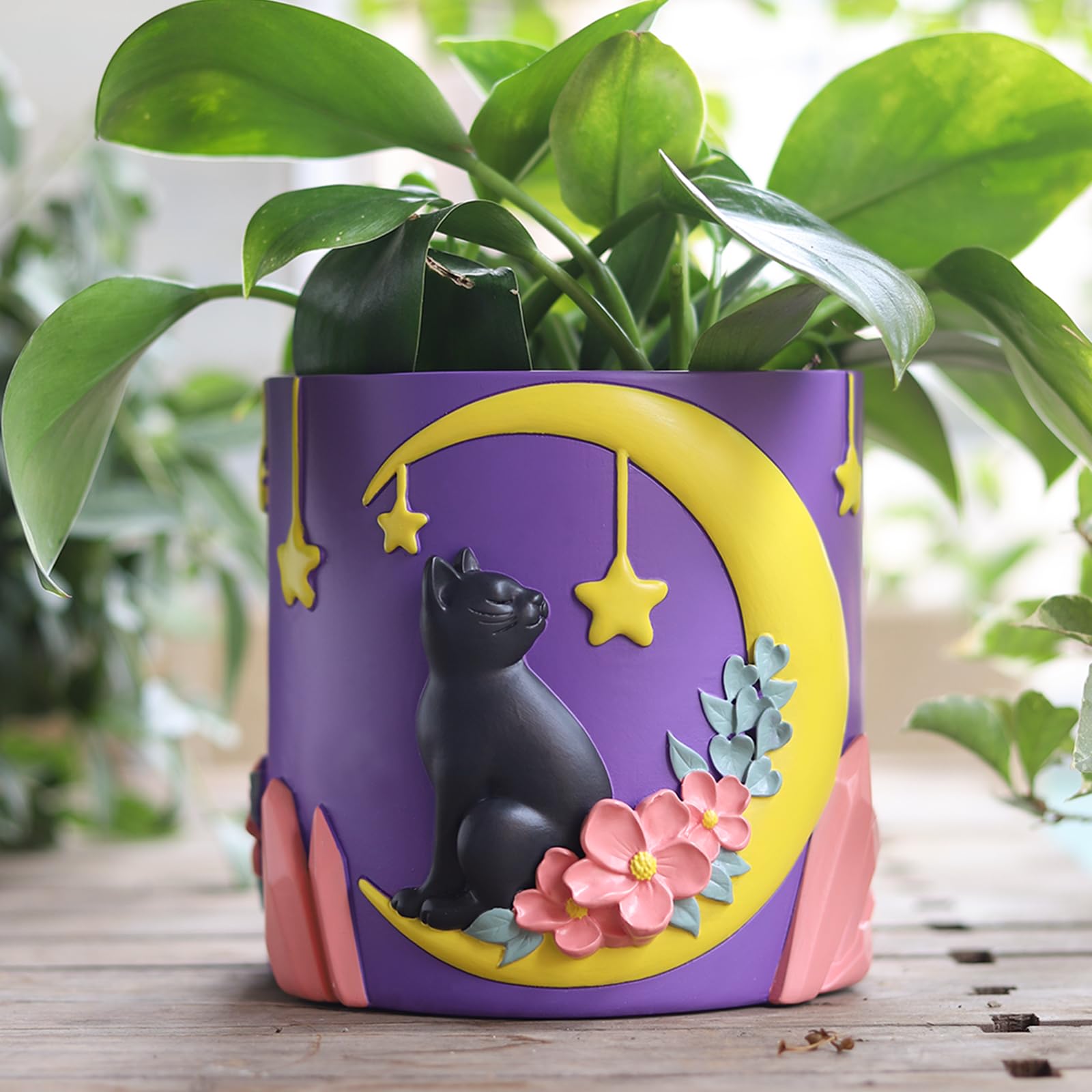 GUGUGOMoon Cat Cute Flower Pots, Unique Rainbow Planter with Drainage, Vintage Retro Colorful Flower Plant pots for Indoor Plants, Eclectic Succulent Gardening Pot for Home Décor (A, Purple, 5Inch)