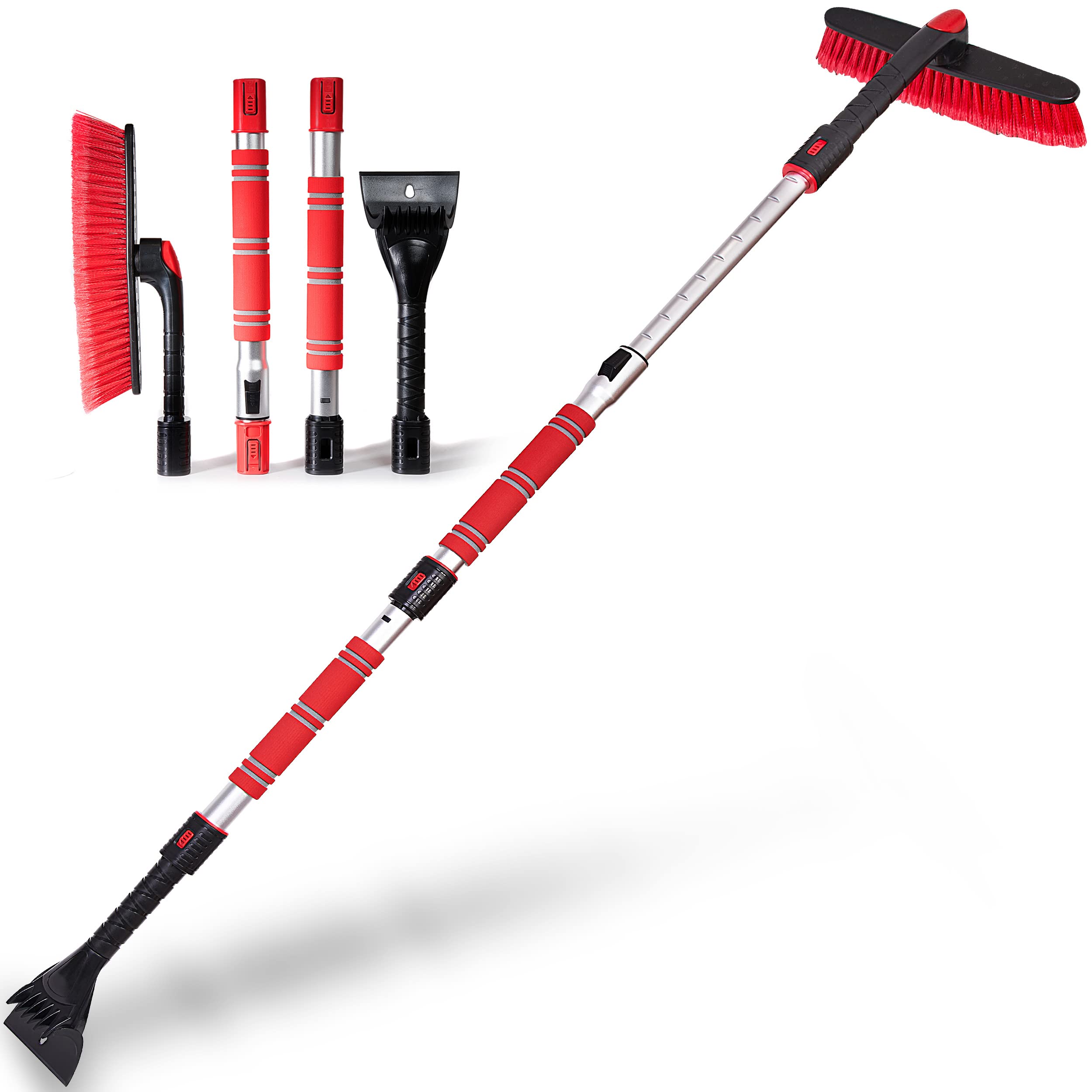 Zone Tech Extendable Snow Brush and Ice Scraper for Car, 2-1 62” Extendable and Adjustable Length, Rotating Brush Head, Red Foam Grip, Perfect Accessories for Winter Snow and Ice Remover For Car, SUVs