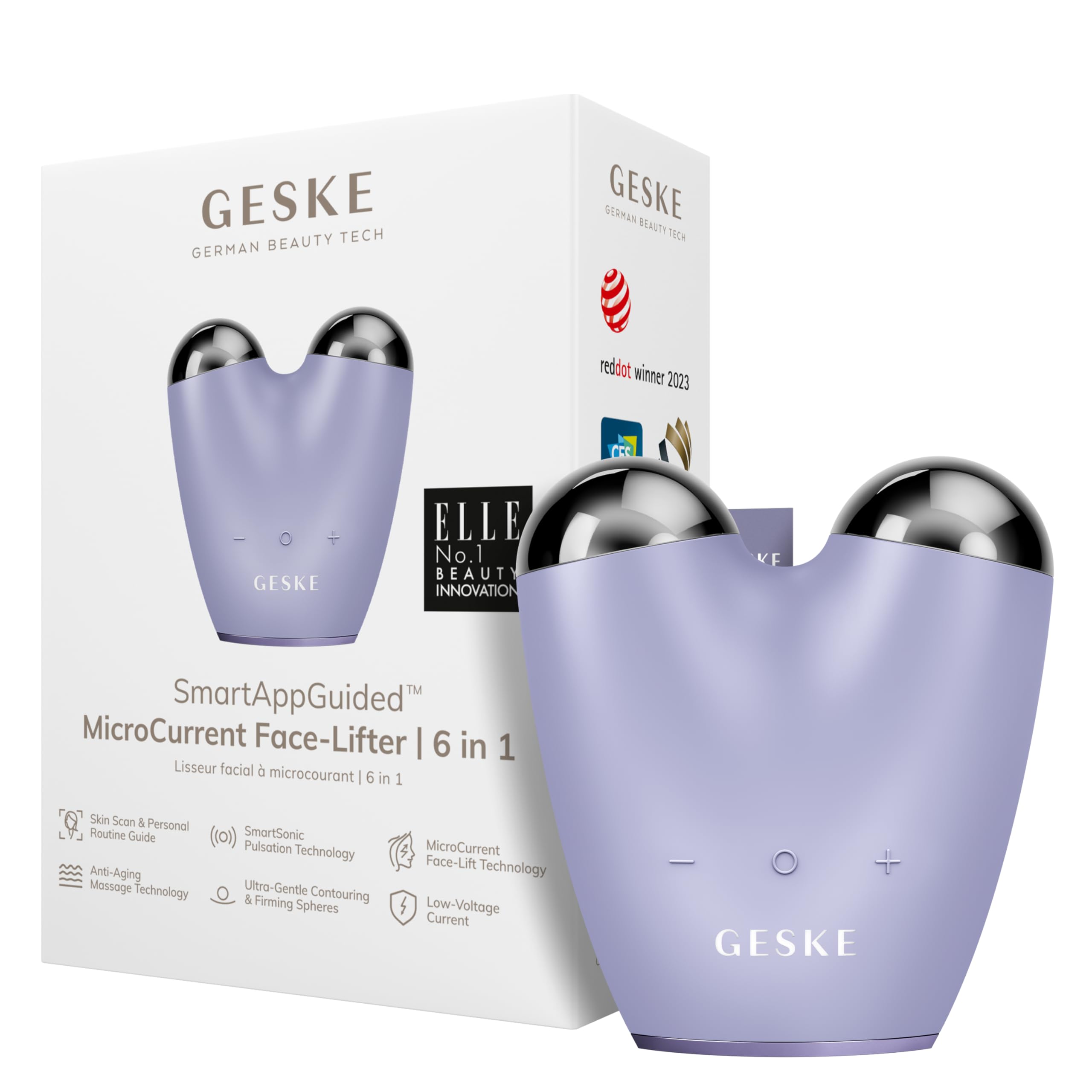 GESKE SmartAppGuided™ Microcurrent facial lifter | 6 in 1 | face lifter | face and jaw line trainer | face tightening | anti-aging device | micro current against wrinkles | couple