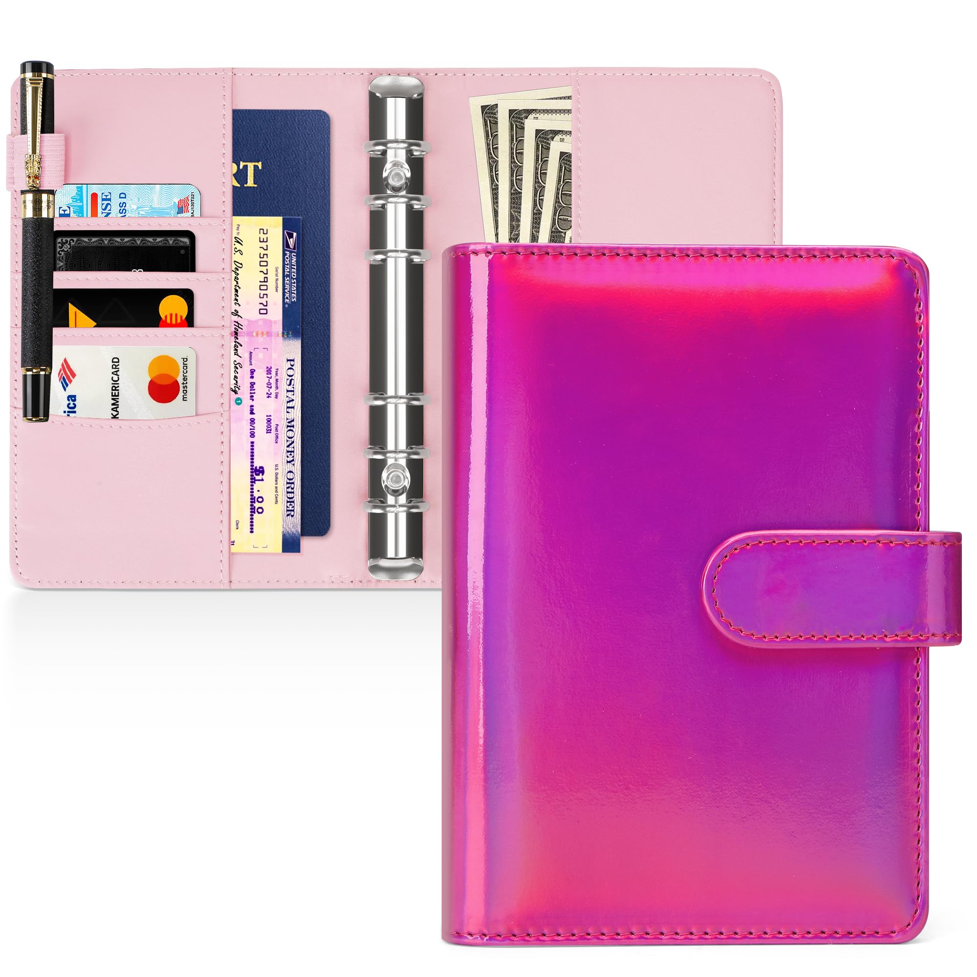 Toplive A6 Refillable Notebook Binder PU Leather 6 Ring Budget Binder Organizer for A6 Filler Paper, Loose Leaf Personal Planner Binder Cover, Laser Pink