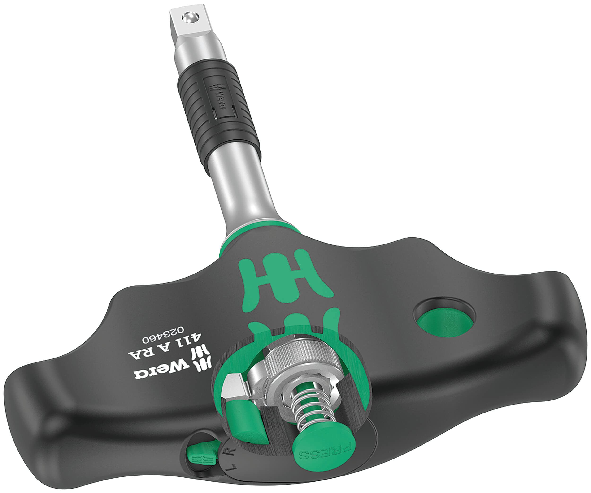 Wera 05023460001 411 A RA Tournevis adaptateur à manche en T avec fonction cliquet, 1/4", 45 mm, Black-green