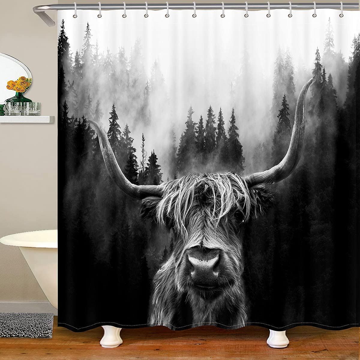 Scottish Highland Cattle Fabric Bathroom Shower Curtain Smoky Mountain Curtains with Hooks Natural Scenery Waterproof Shower Curtains Farm Animal Home Curtain 180x240cm