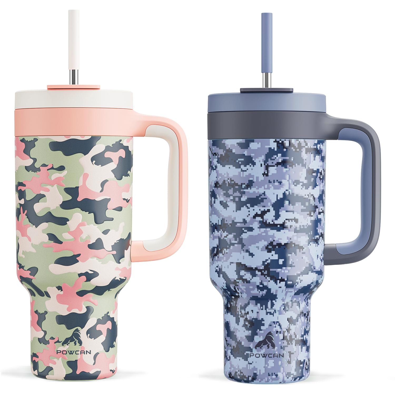 POWCAN40 oz Camo Tumbler with Handle, 2-in-1 Straw and Sip Lid, Leakproof, Dishwasher Safe, Insulated Travel Coffee Mug, Keeps Cold for 34 Hours, Fits in Car Cupholder (Rose Dappled & Navy Digital)