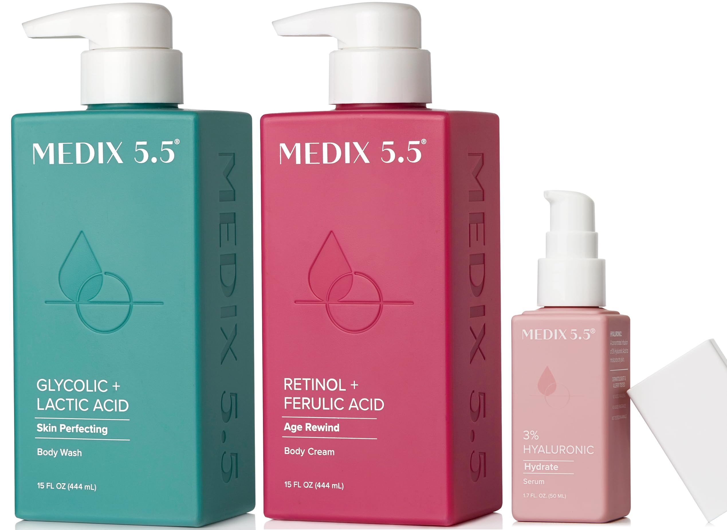 Medix 5.5Anti Aging Skin Care 3PC Set | Retinol Body Cream + Exfoliating AHA Glycolic Acid Foaming Face Wash & Body Wash + Hyaluronic Acid Serum Booster, Wash + Treat + Hydrate Skincare Set, 3PC Set