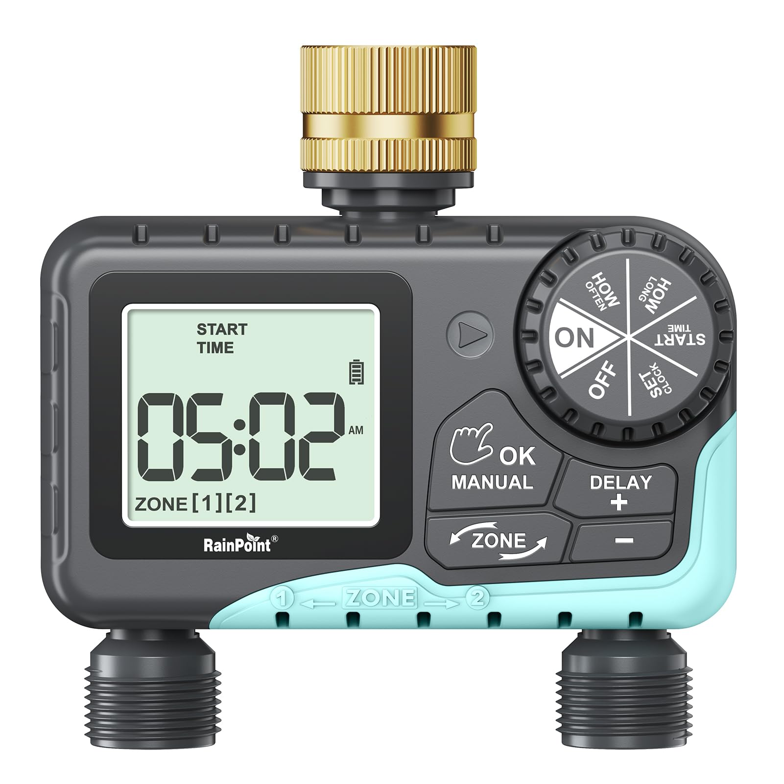 RAINPOINT Sprinkler Timer with Brass Swivel, Water Timer for Garden Hose, Soaker Hose Timer with Rain Delay/Manual Watering, Digital Irrigation Timer System for Lawns, 2 Outlet