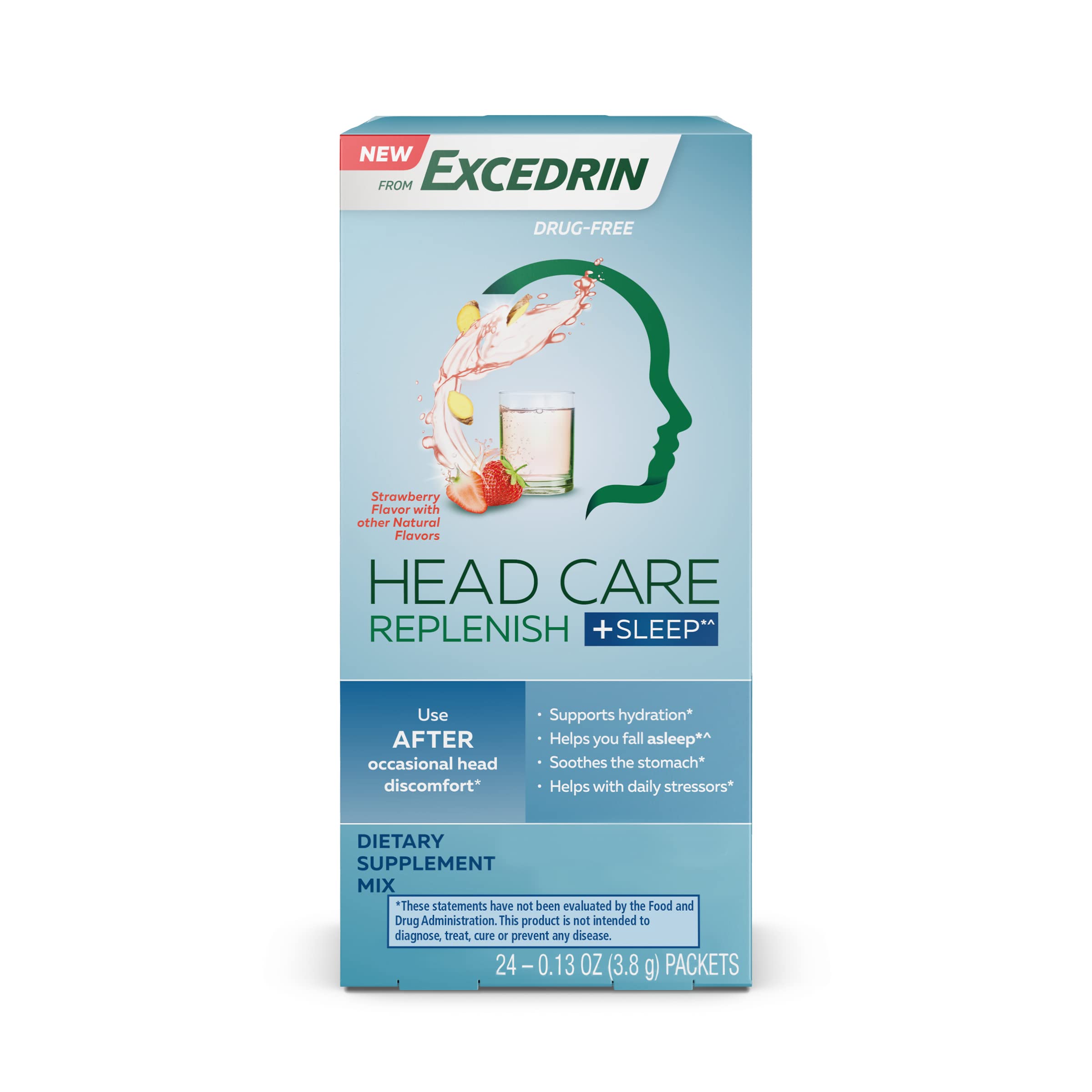 ExcedrinHead Care Replenish Plus Sleep From Excedrin with Electrolytes, L-theanine, Ginger and Melatonin, Dietary Supplement for Head Health Support - 24 Packets