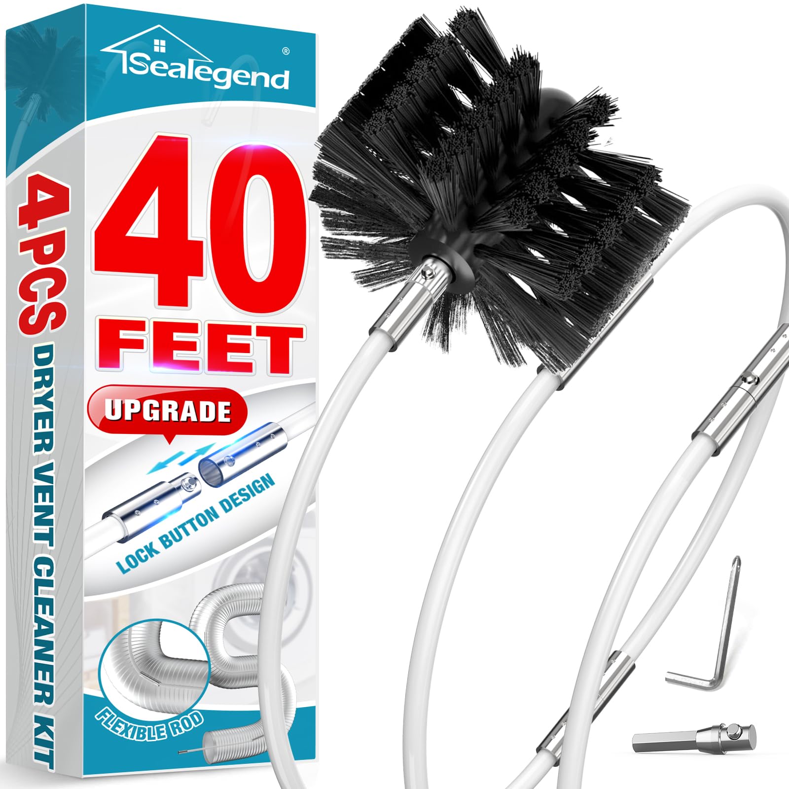 Sealegend 40 FEET Dryer Vent Cleaner Kit Flexible Quick Snap Brush with Drill Attachment Extend up to 40 FEET for Easy Cleaning Upgraded Dryer Vent Cleaning Kit Use with or Without a Power Drill