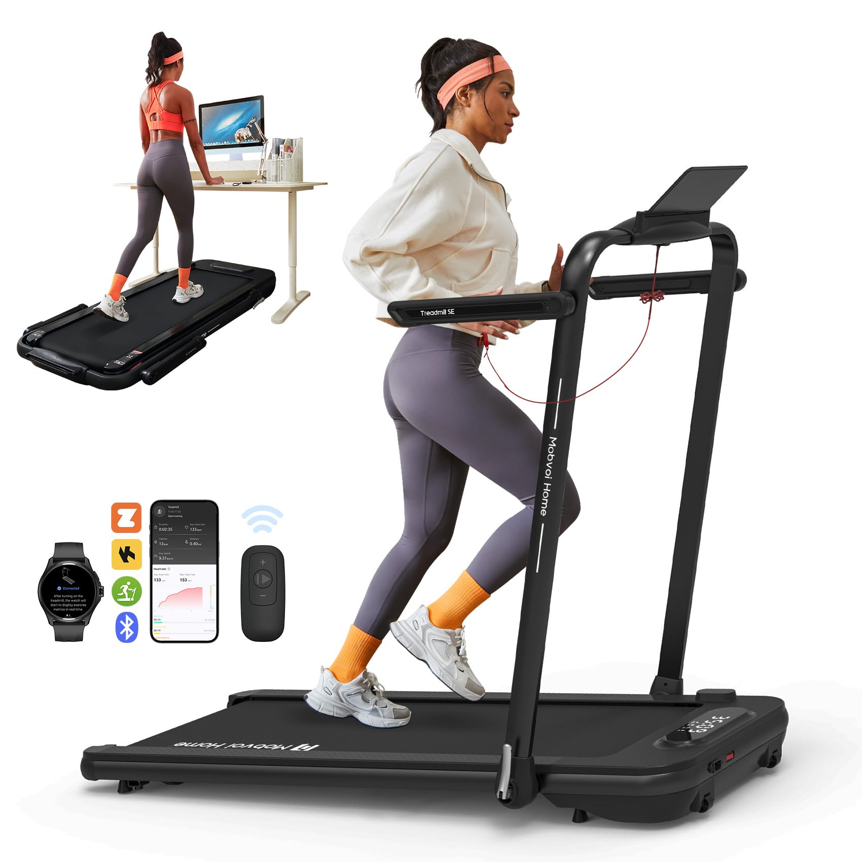 Mobvoi Home Treadmill SE 3 in 1 Foldable Treadmill for Home Walking Pad 2.5 HP Compact Portable folding Under Desk Running Machine with Remote Control LED Display for Home Office 12 km/h