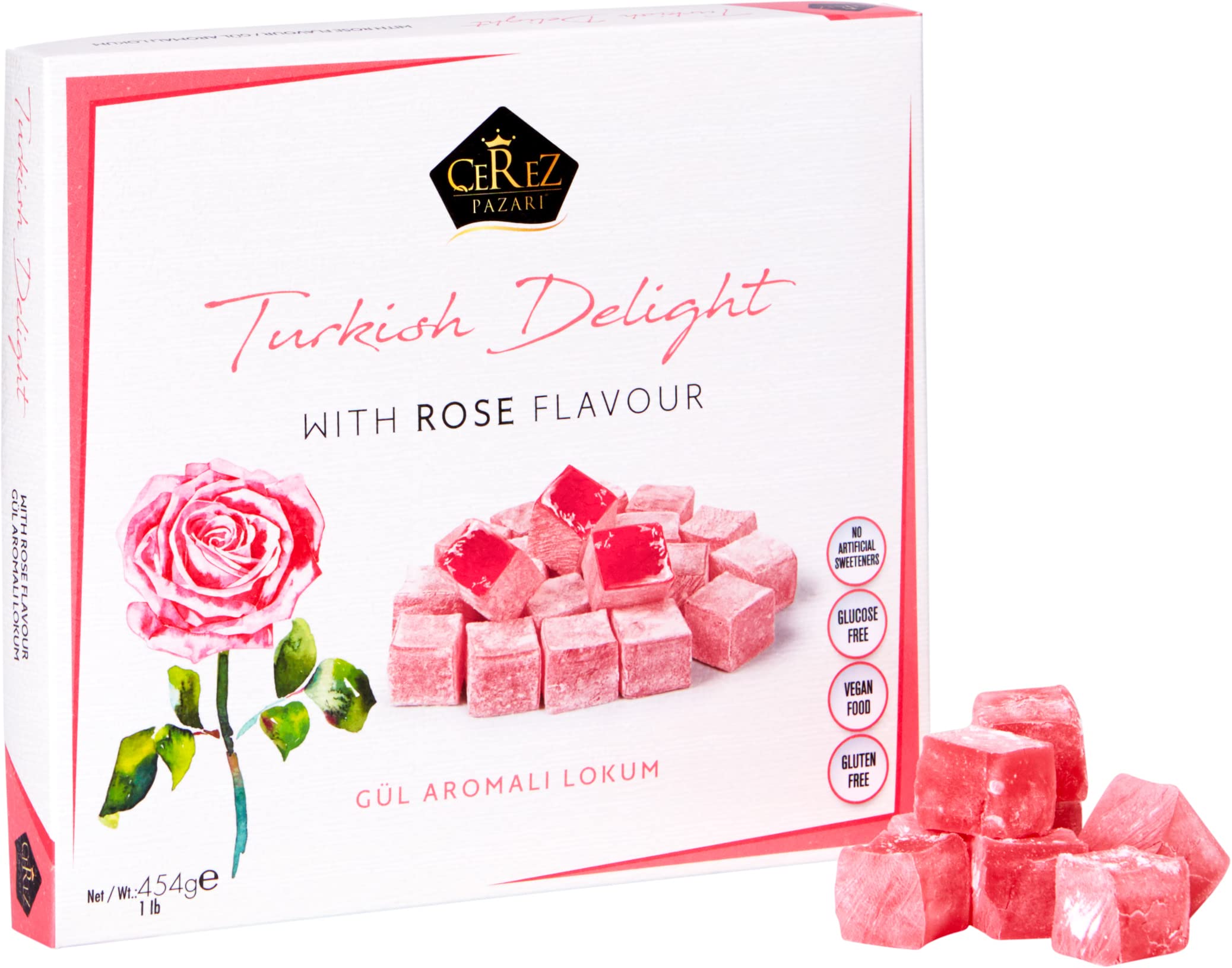 Turkish Delight with Rose Flavor 454gr Gourmet Medium Size Snacks Gift Box | No Nuts Sweet Luxury Traditional Confectionery Vegan Soft Candy Dessert Glucose Free Lokum (Loukoumi) Approx.42 Pcs