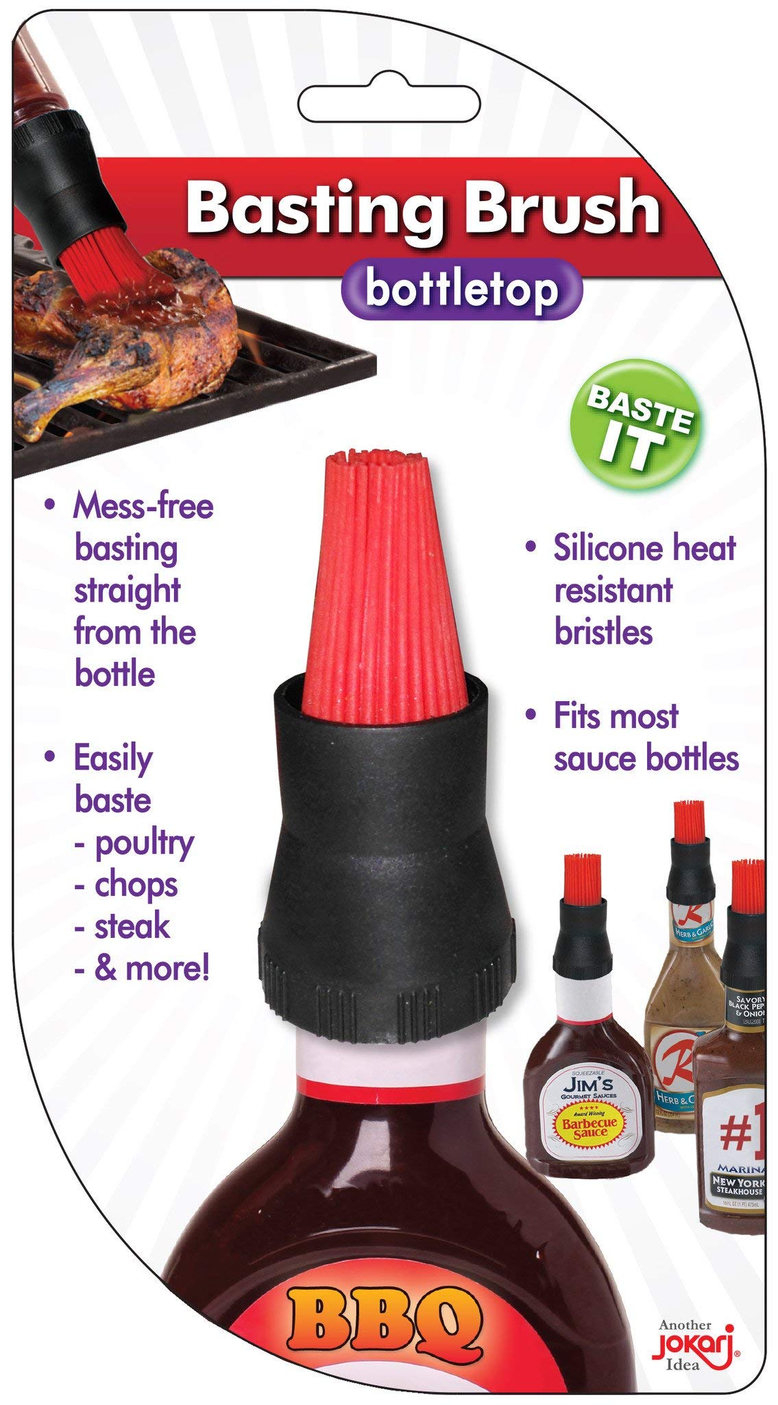 Jokari 160905 - Bottletop Basting Brush Silicone - Heat Resistant - Fits Most Bottles - Mess Free Basting from The Bottle - Black & Red