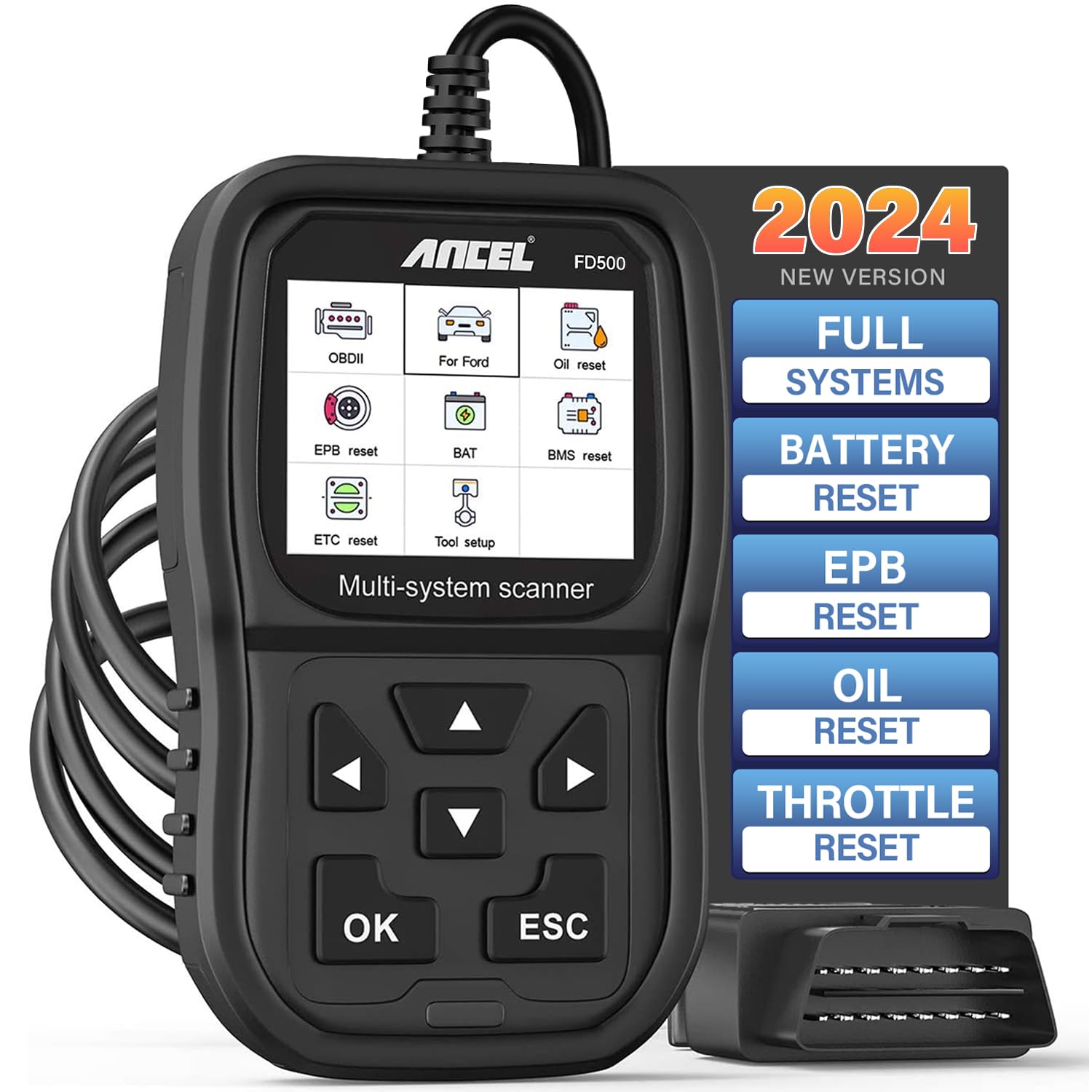 ANCELFD500 OBD2 Scanner fits for Ford Lincoln Mercury - All Systems Code Reader with Engine, ABS, SRS, Transmission, 4WD Diagnostics - Scan Tool with EPB, Throttle, Oil Reset, Battery Registration