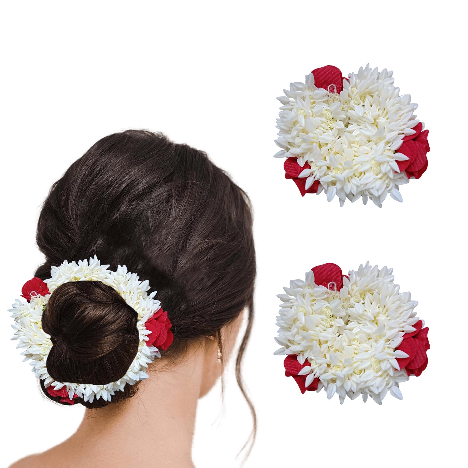 Temperia (2 Pcs) Scented Mogra Gajra Hair Accessories For Women & Girls - Hair Flower Bun Artificial Fake Gajra Scrunchies Rubber Band - Premium & Voluminous, Red Petals