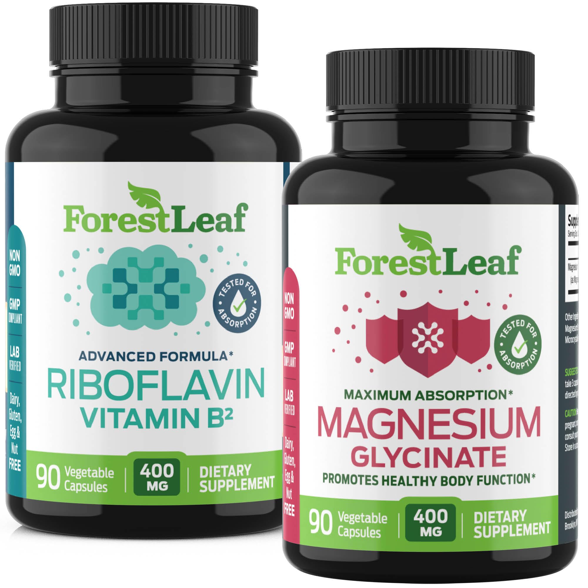 ForestLeaf Riboflavin & Magnesium Migraine Supplement - Riboflavin 400mg for Headache Relief - Ultimate Magnesium Glycinate Bundle with B2 Vitamin 400mg for Headache Migraine Relief Capsules