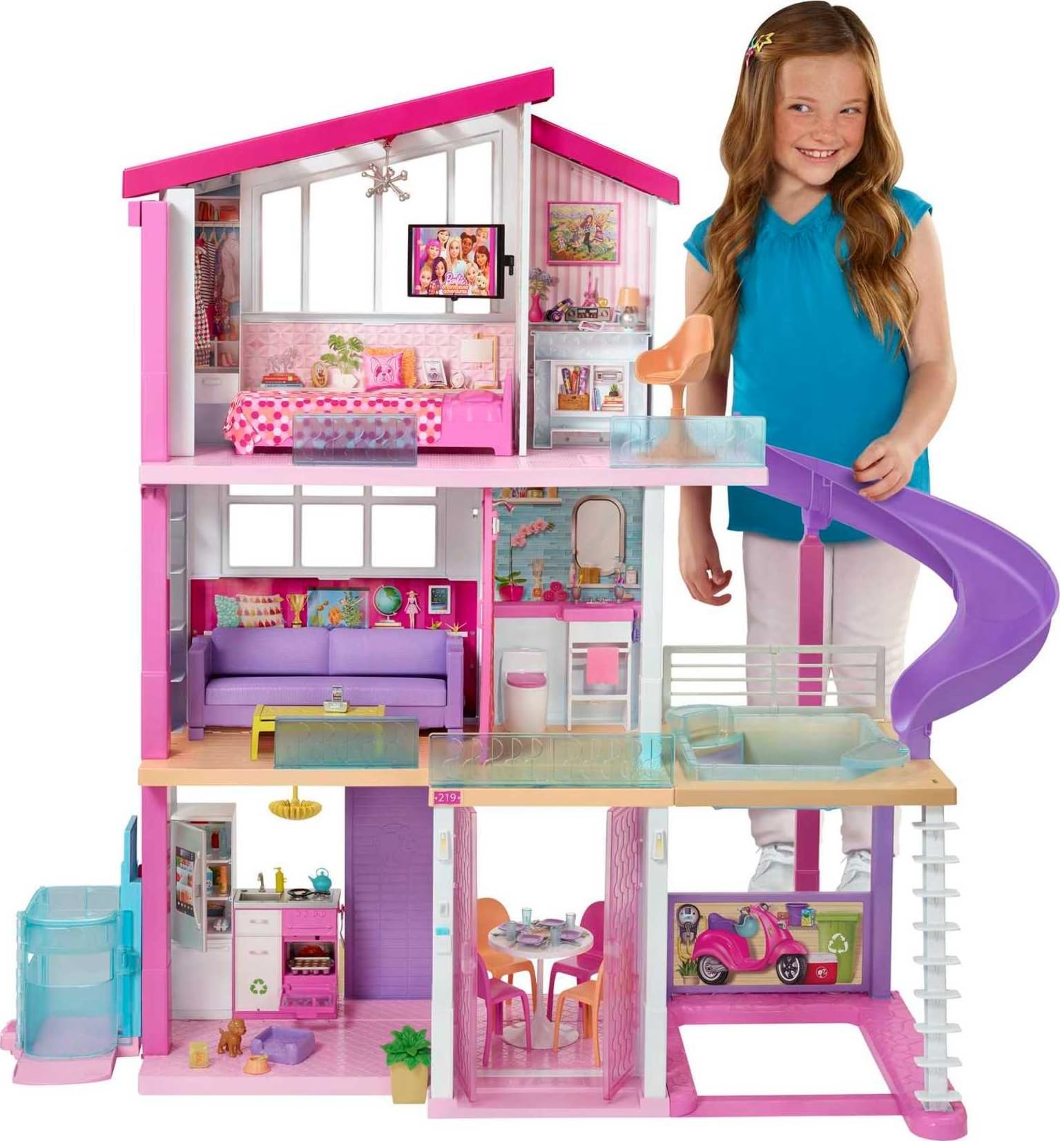 BarbieDreamHouse, Doll House Playset with 70+ Accessories Including Transforming Furniture, Elevator, Slide, Lights & Sounds