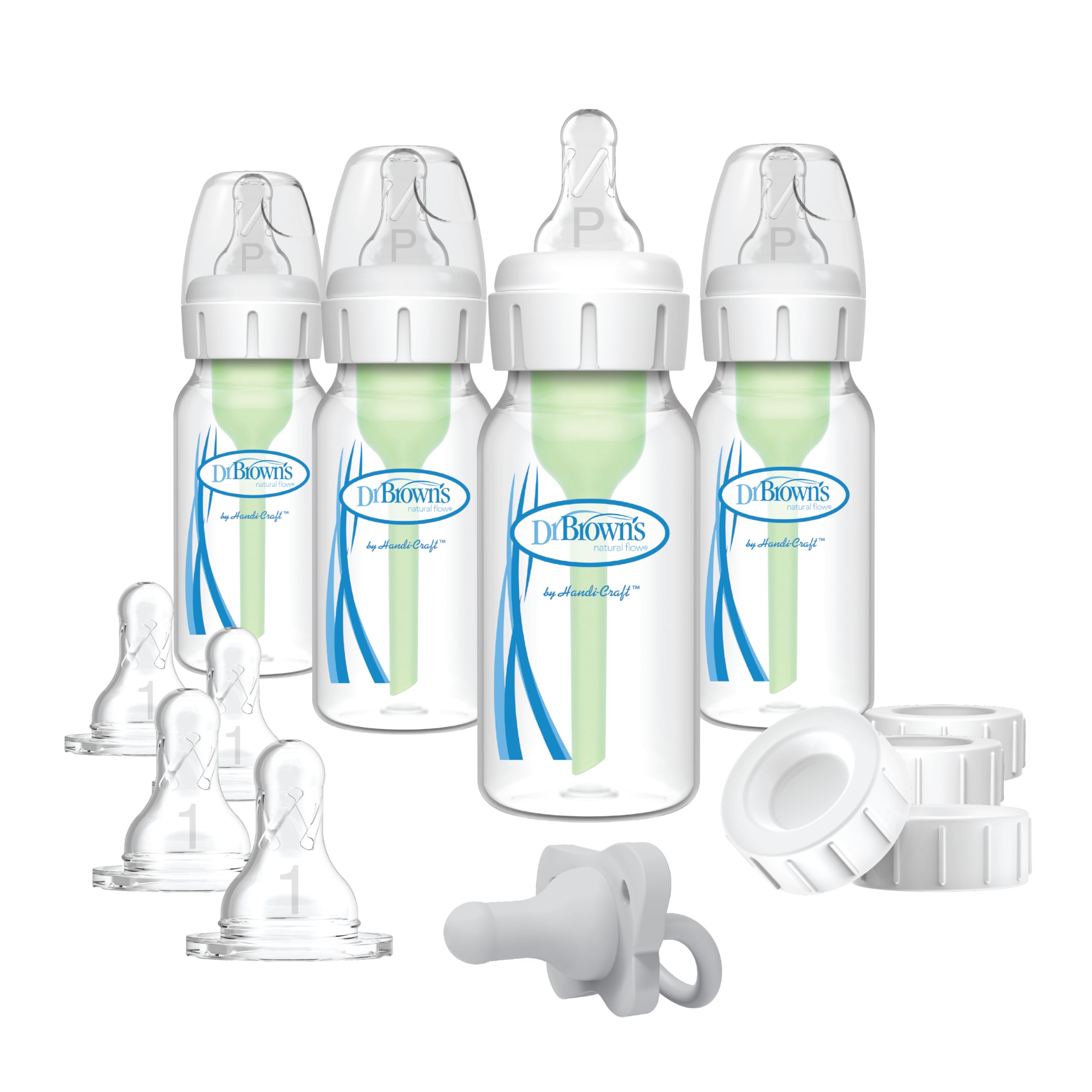 Dr. Brown'sAnti-Colic Breast to Bottle Feeding Set with Slow Flow Nipples, Travel Caps, and Silicone Pacifier - Gray