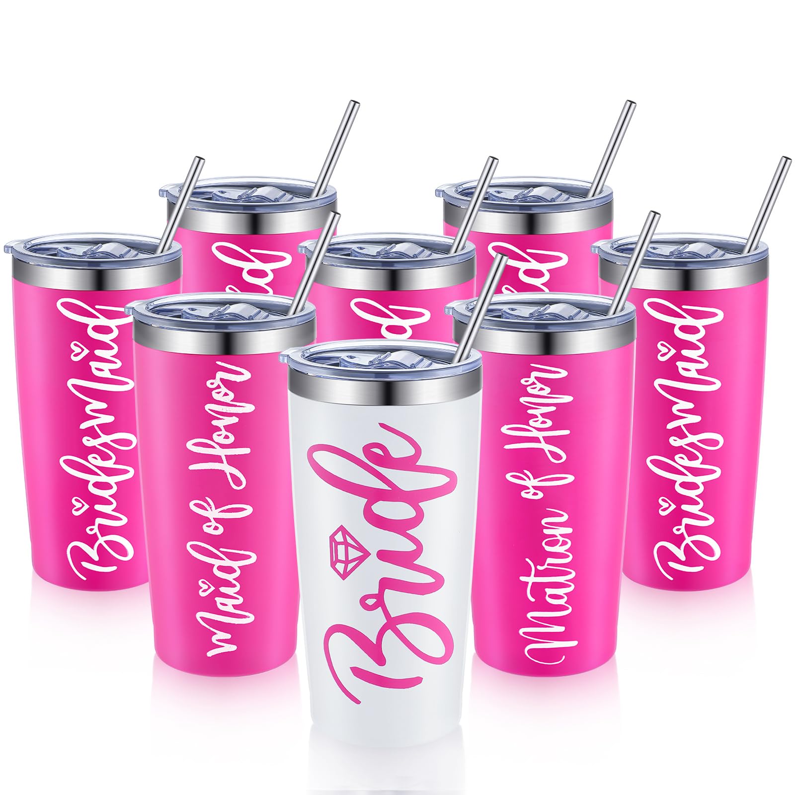 Sabary Bride Gifts Bridesmaid Tumblers Set of 8, 20 oz Insulated Bride Stainless Steel Wine Tumbler Bulk Maid of Honor Mugs with Lid and Straw for Wedding Engagement Party Gifts (White, Rose Red)