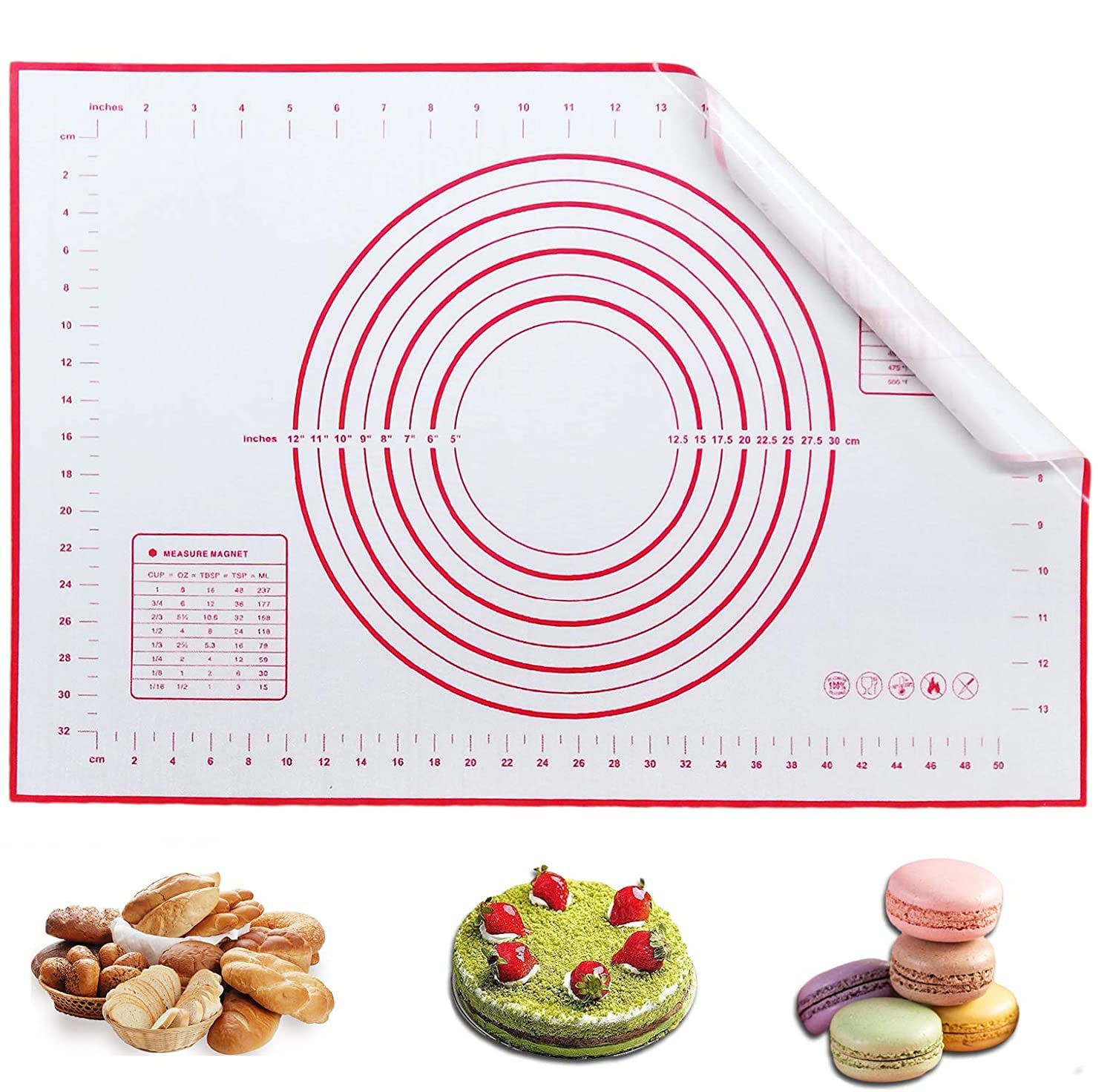 Silicon Mat 60 * 40 For Dough, Bakery, Cake, Pies And Pizza, Including An Illustrated Graphic Of The Sizes And Basic Sizes Of Pizza, Cake And Pies, Ease Of Use Of The Rotating Stick On Them, Domy, Red