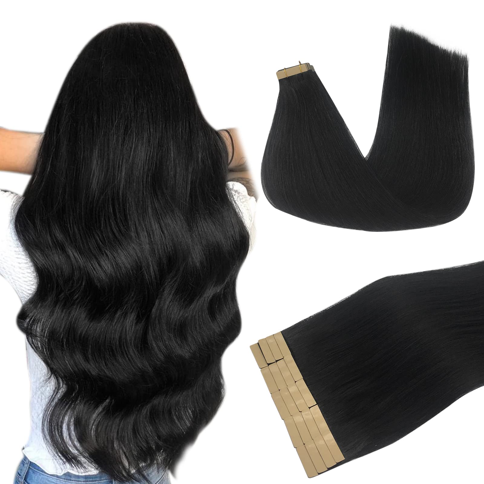 Hair Extensions Human Hair Tape in, Jet Black 10 Inch 30g 20pcs, DOORES Tape in Human Hair Extensions Real Human Hair Straight Hair Extensions Remy Natural Hair