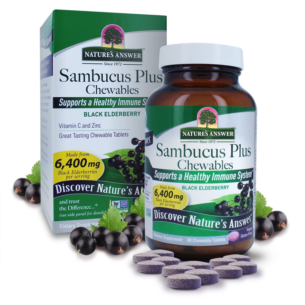 Nature's Answer Sambucus Chewables 60 Count | Non GMO | Gluten Free| Vegan | Great Tasting |Made in The USA | Immune Support | Elderberry Antioxidant | Daily Immune Boost