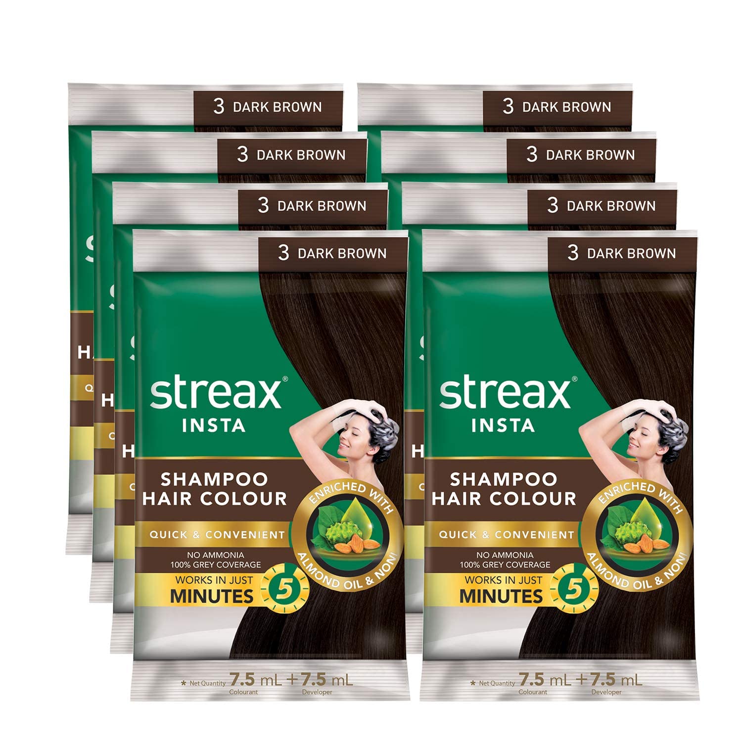 Strea'x Insta Shampoo Hair Colour for Men & Women, Dark Brown, 18ml (Pack of 8) | Enriched with Almond Oil & Noni Extracts | Long-Lasting Instant Colour