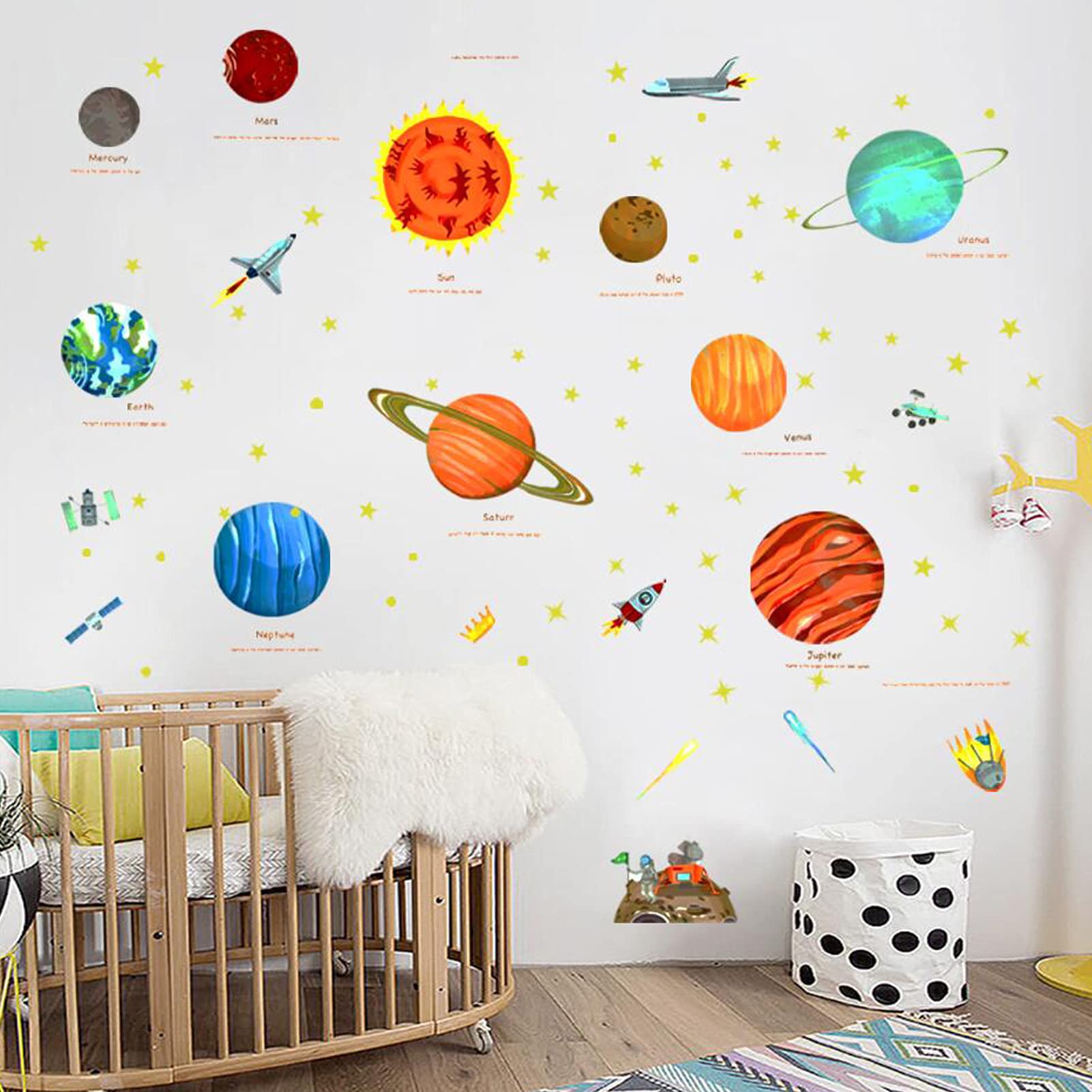 Planet Wall Decals, Planets in The Space Kids Wall Decals Peel and Stick Removable Solar System Space Wall Stickers for Home Nursery Bedroom Living Room Ceiling