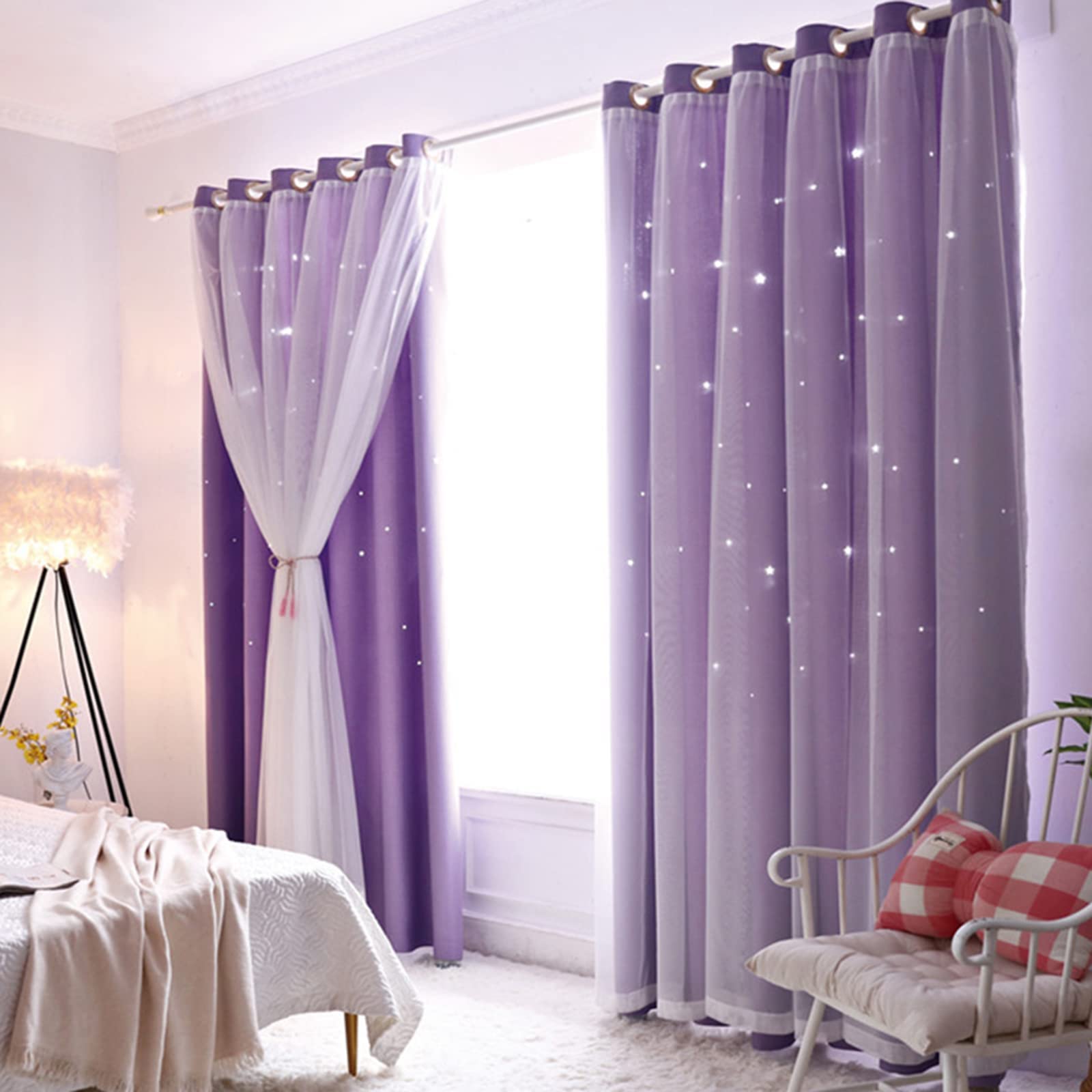 Lanqinglv Star Blackout Curtains with Nets,Lilac Star Panels Nursery Double Layer Window Curtains for Kids Girls Room Bedroom Living Room Decoration,2 Panels,W 52 in x L 63 in