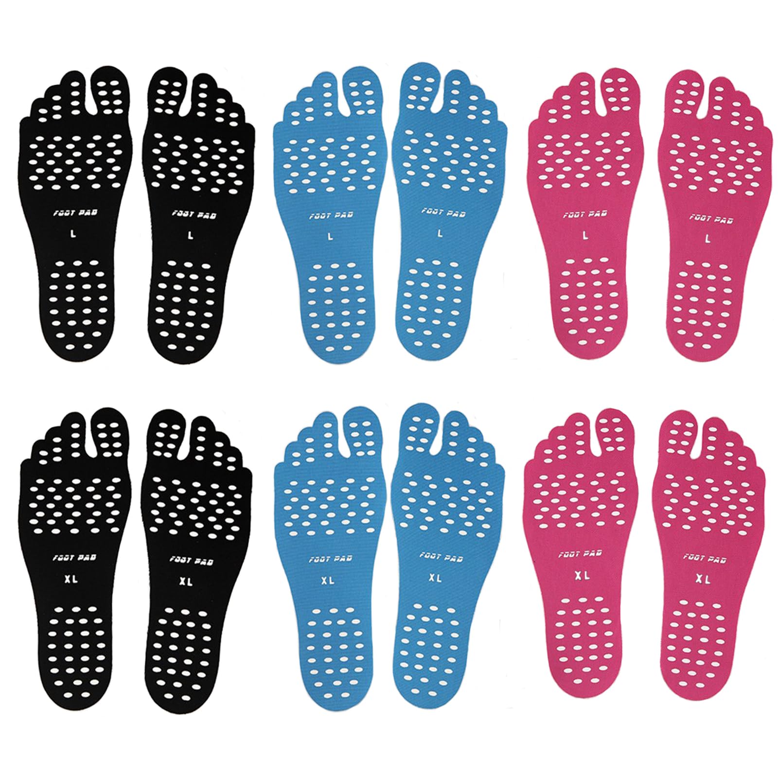 Beach Foot Pads Barefoot Adhesive Invisible Shoes Stick on Foot Pad Stickers Stick on Soles Anti-Slip Waterproof Silicone Unisex Footing Pad for Surfing Swimming 6 Pack Black Blue Rose L XL