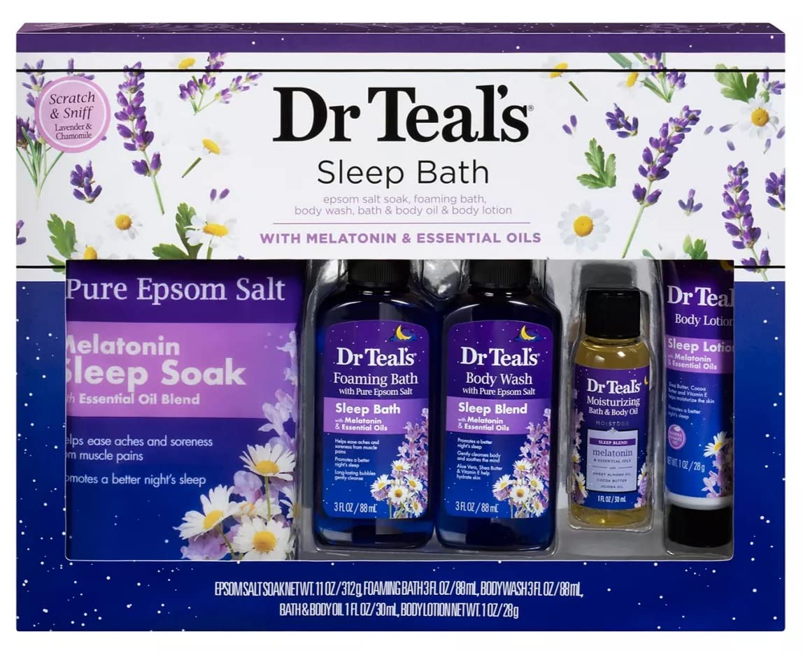 Dr Teal'sMelatonin Gift Set for Better Sleep - Epsom Salt Soak, Bath, Body Wash, Body Oil & Lotion - At Home Spa Kit