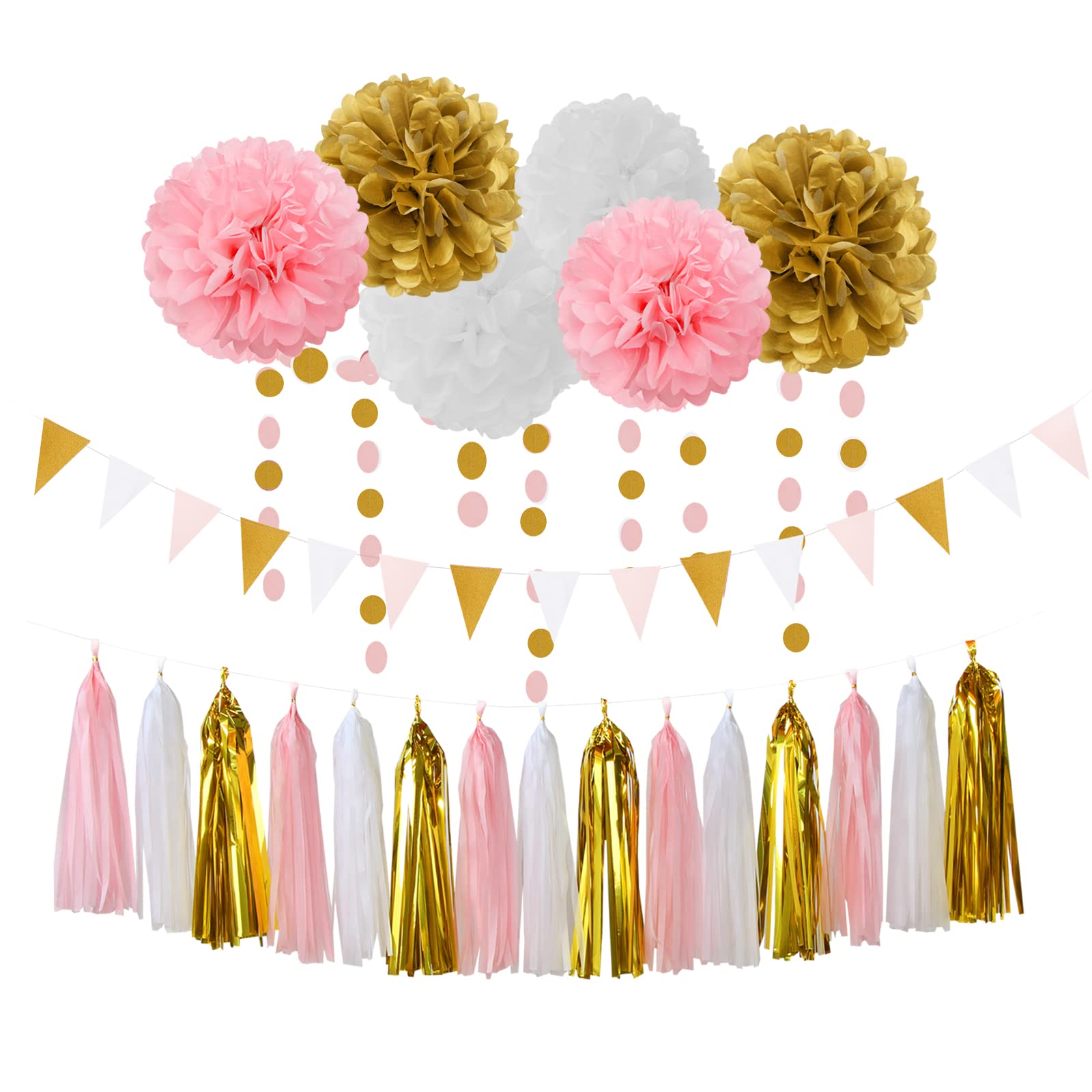 Pink-White Gold Girl Birthday Party-Decorations - 23pcs Kits Tissue Paper Pom Poms Streamers,Princess Banner Flags,Bachelorette Baby Bridal Shower Engagement Decoration Tassel Garland Lasting Surprise