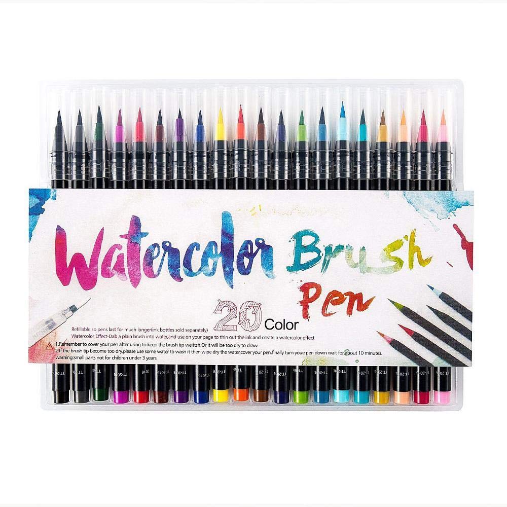 Rubik 20 Pieces Color Brush Pens Set Watercolor Brush Pen Color Markers for Painting Cartoon Sketch Calligraphy Drawing Manga Brush