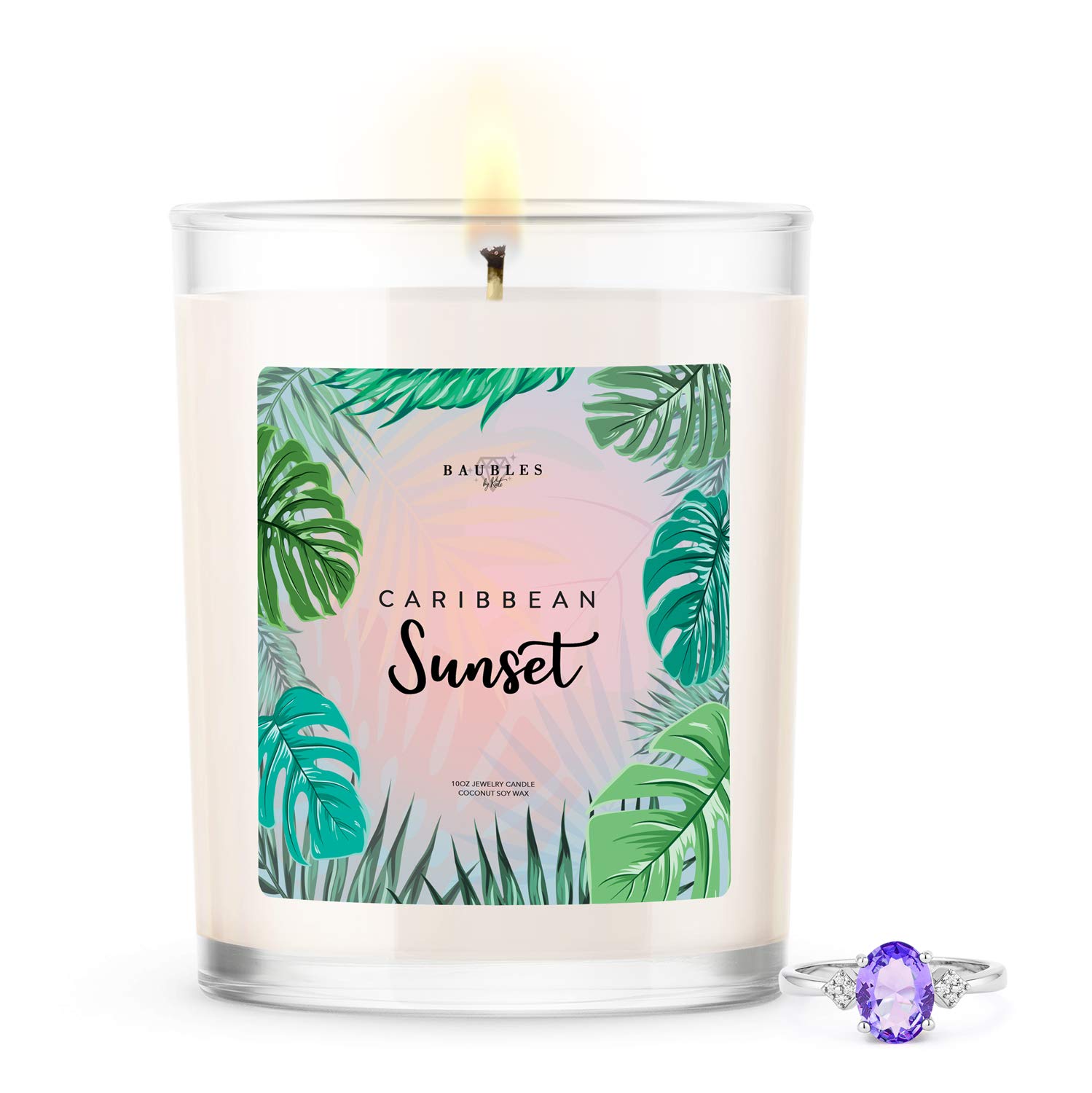 Kate Bissett Baubles Caribbean Sunsent Scented Premium Candle and Jewelry with Surprise Ring Inside | 10 oz Large Candle | Made in USA | Parrafin Free | Size 09