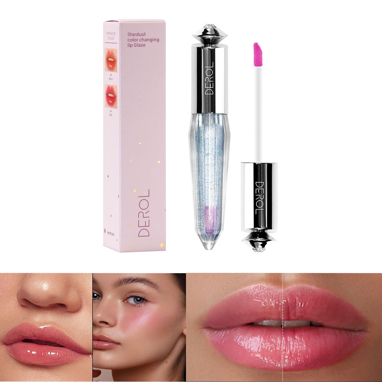 DEROLLip Gloss Color Changing lips Oil Liquid Lipstick Long Lasting Hydrating Temperature Change With Hyaluronic Acid Light High Shine Finish For Plumper Moisturizing Non Sticky Glitter Shimmer