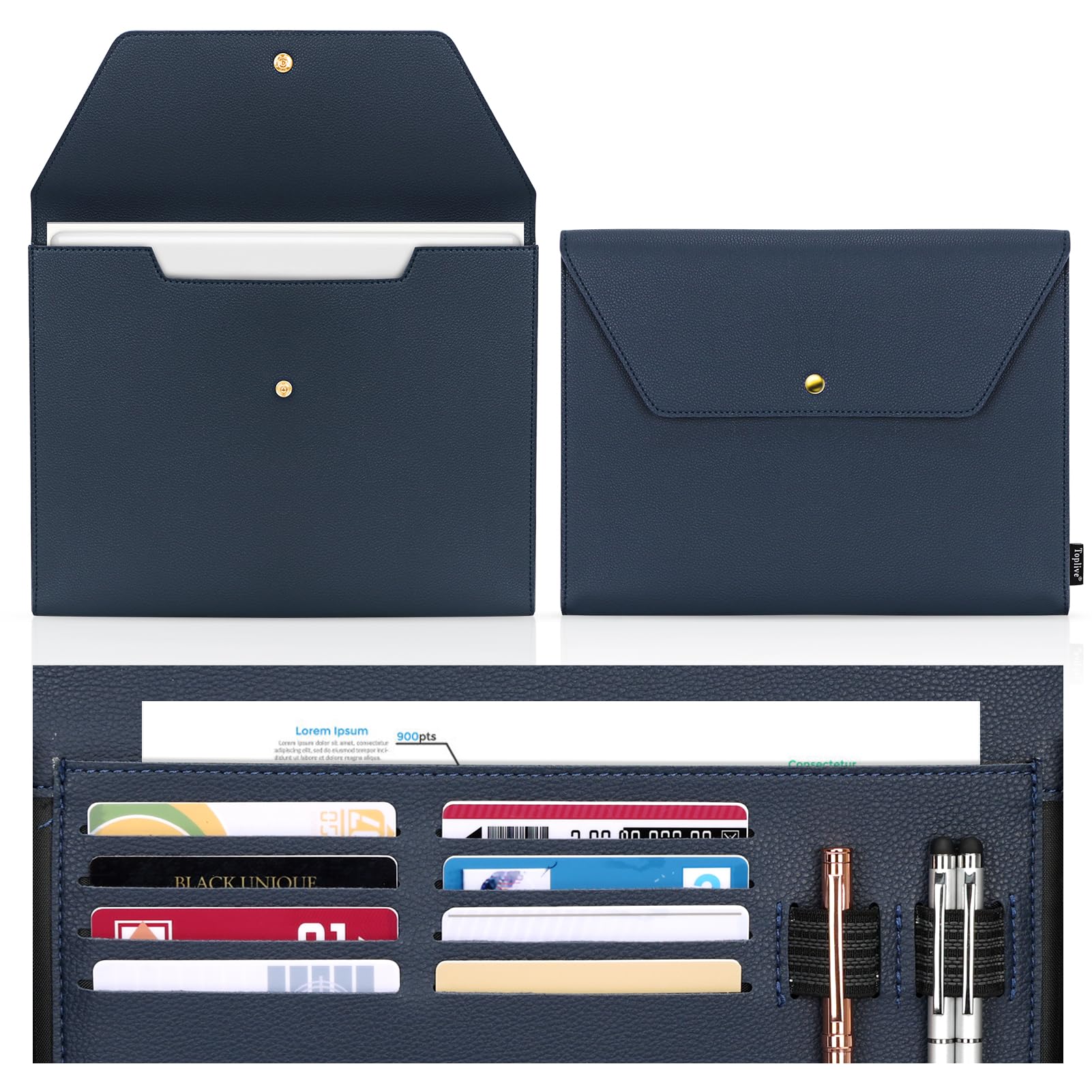 Toplive Document File Folder, Waterproof PU Leather A4 Letter Envelope Folder Case File Organizer Dual Layers Stylish Document Holder with 8 Card Holder 2 Pen Loop for Travel Office School, Blue