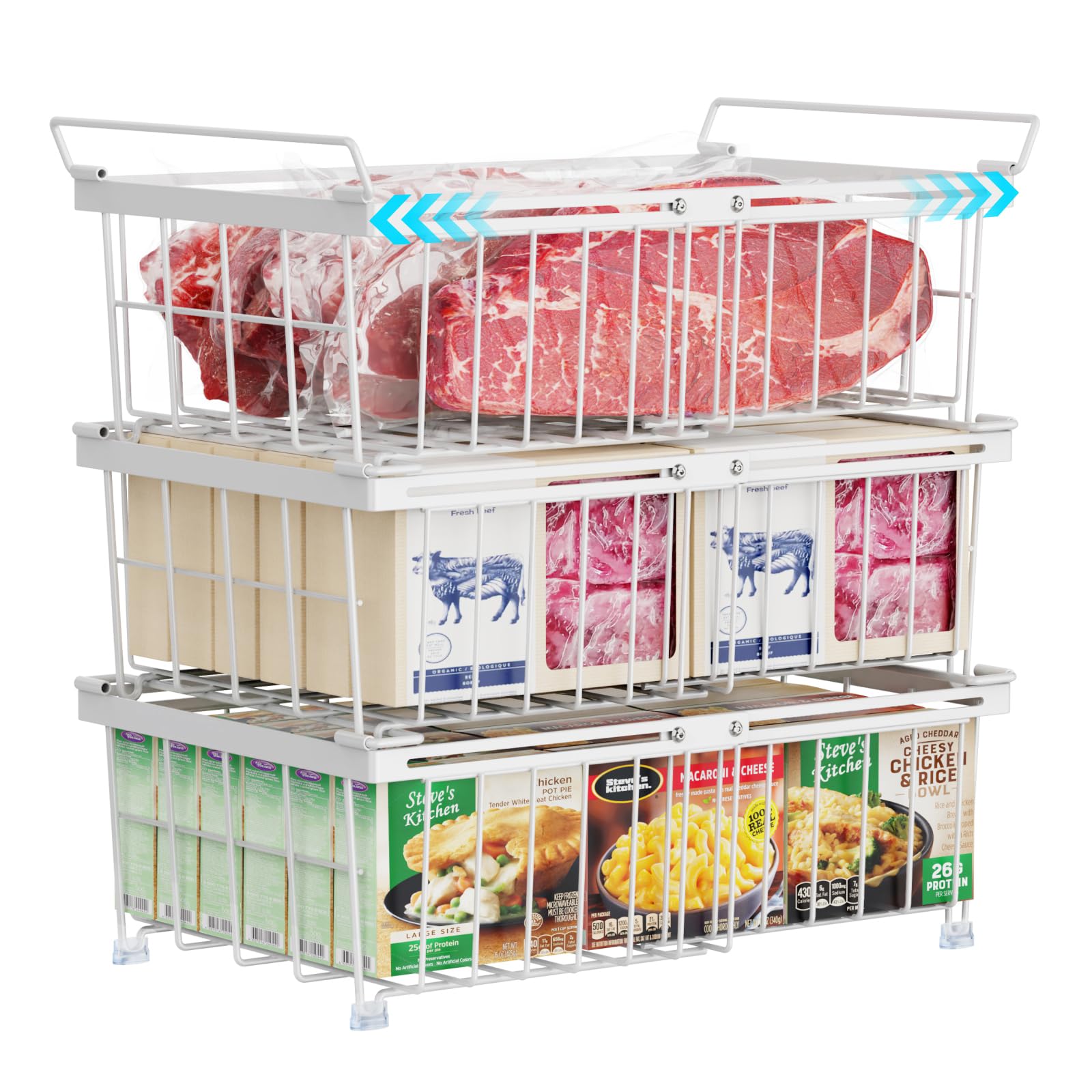 iSPECLE Chest Freezer Baskets - Fit 283 to 566L Chest Freezer, 3 Pack Large Stackable Expandable Freezer Organiser Storages Easily Sort and Get Frozen Foods with Handles, Add More Space, White