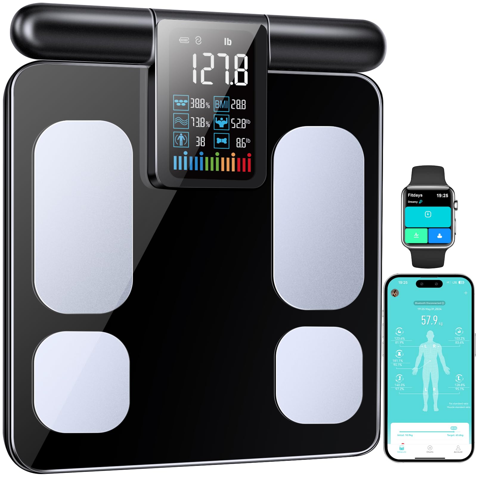 KUAIVO8 Electrode Smart Body Fat Scale with BMI, Body Fat, Muscle Mass, 28 Body Composition Metrics, Rechargeable High Precision Scale with Color VA Display for Home & Fitness